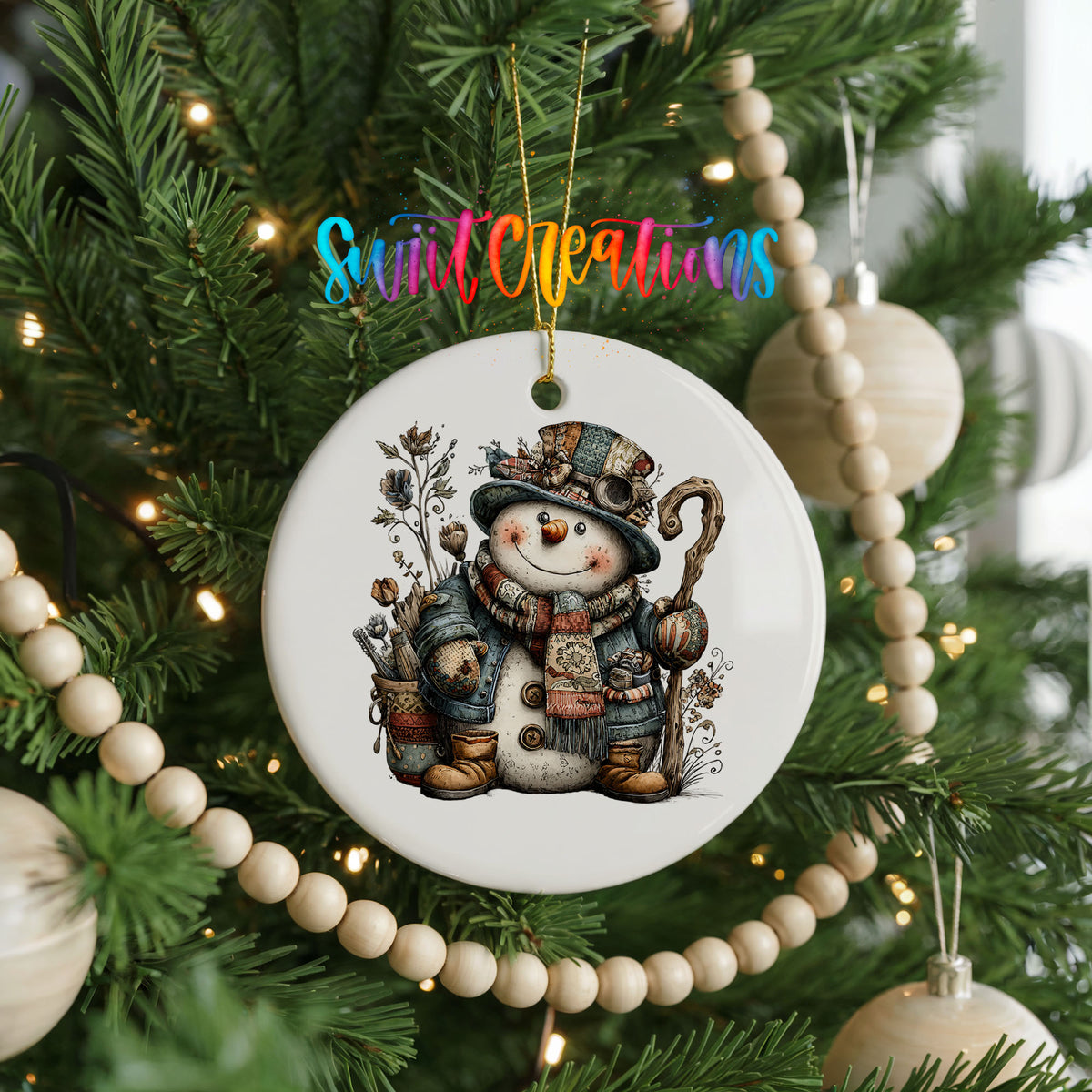 rustic snowman with a walking stick and lantern ceramic Christmas ornament hanging on a green Christmas tree