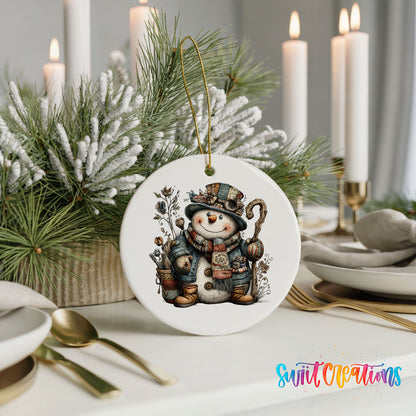 rustic snowman with a walking stick and lantern ceramic Christmas ornament shown in a holiday table setting
