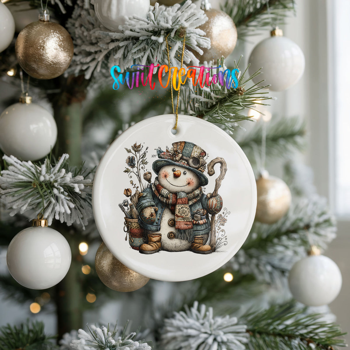 rustic snowman with a walking stick and lantern ceramic Christmas ornament hanging on a frosted tree with ornaments