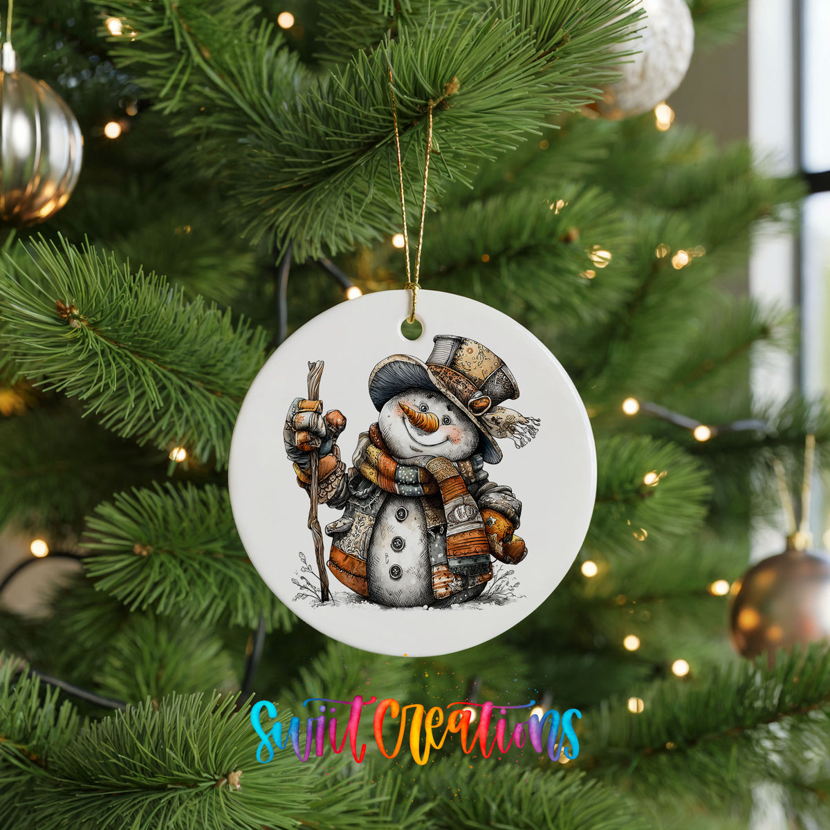 rustic snowman in a top hat carrying a walking stick ceramic Christmas ornament hanging on a lit Christmas tree