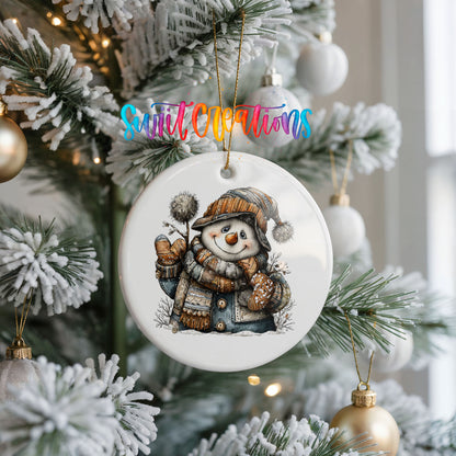 snowman in a striped knit hat and winter mittens ceramic Christmas ornament hanging on a frosted Christmas tree