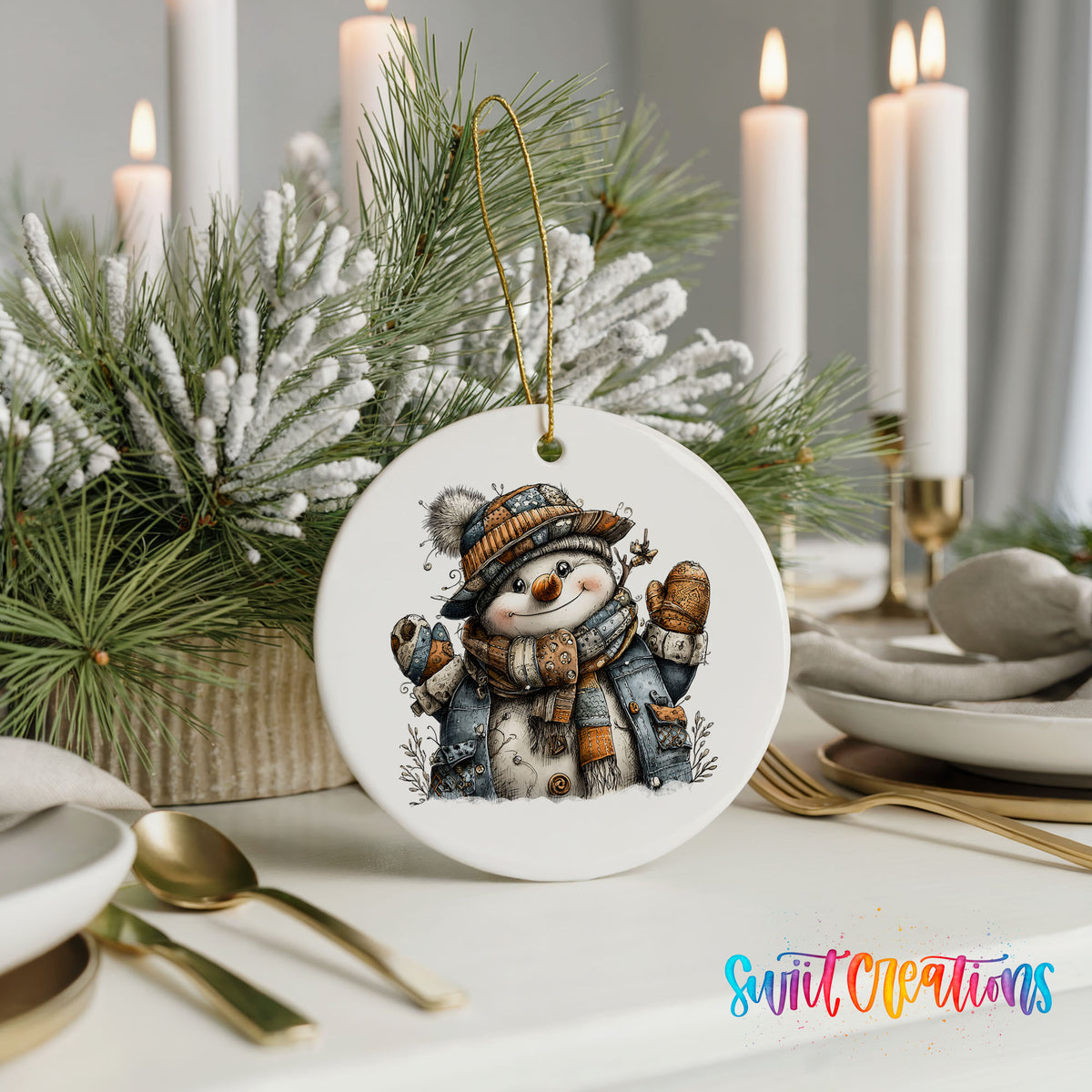 cheerful snowman in a striped knit hat ceramic Christmas ornament shown in a holiday table setting