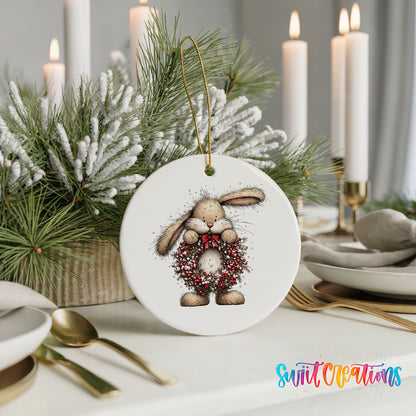 woodland rabbit holding a red berry wreath ceramic Christmas ornament shown in a holiday table setting