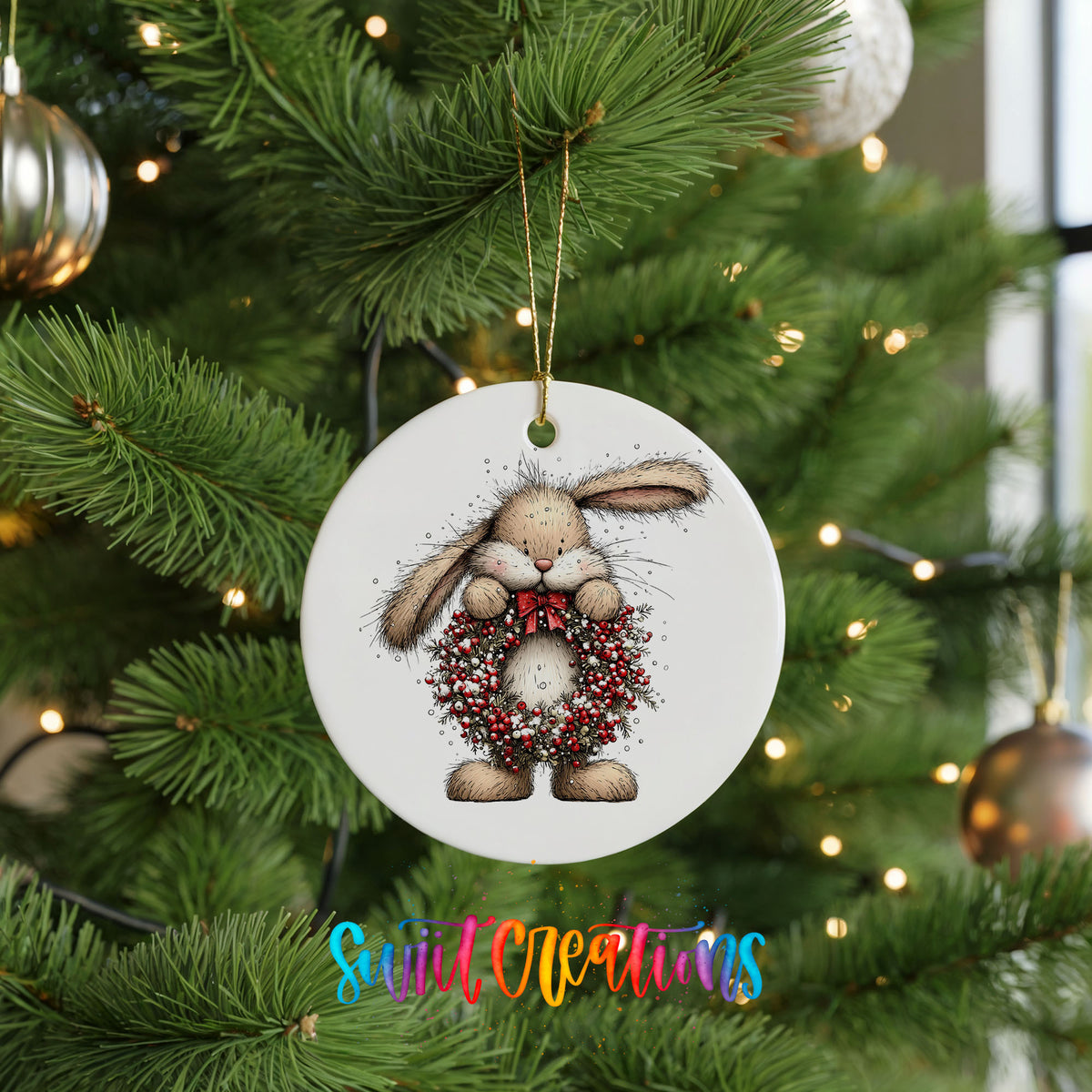 woodland rabbit holding a red berry wreath ceramic Christmas ornament hanging on a lit Christmas tree