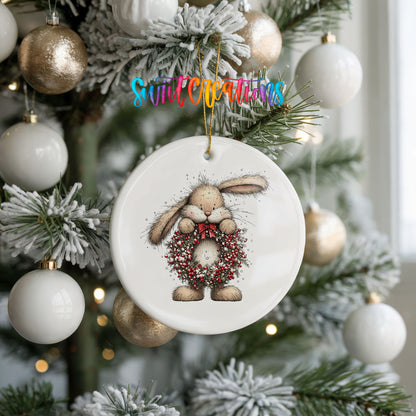 woodland rabbit holding a red berry wreath ceramic Christmas ornament hanging on a frosted tree with ornaments