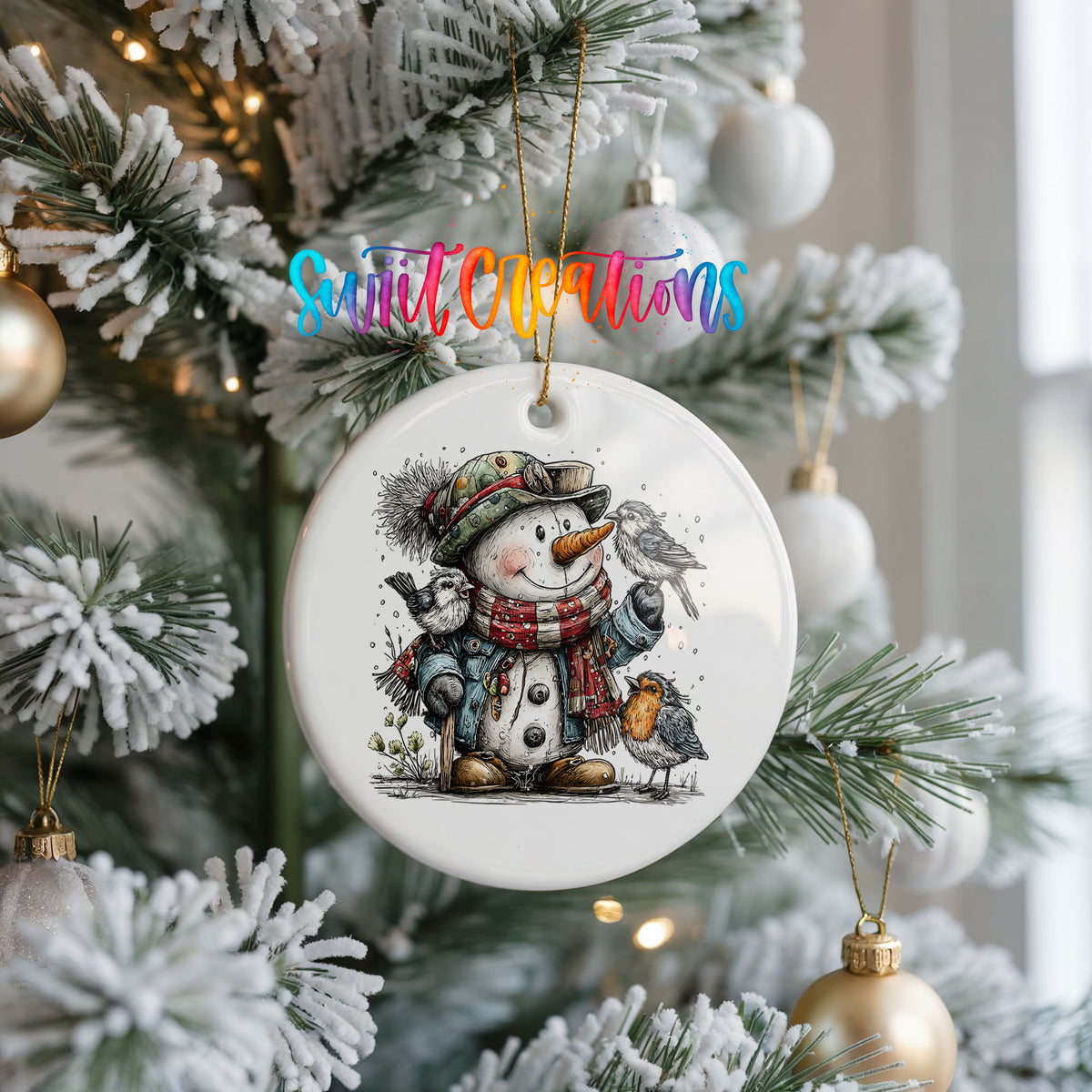 snowman in a green winter hat with woodland birds ceramic Christmas ornament hanging on a frosted Christmas tree