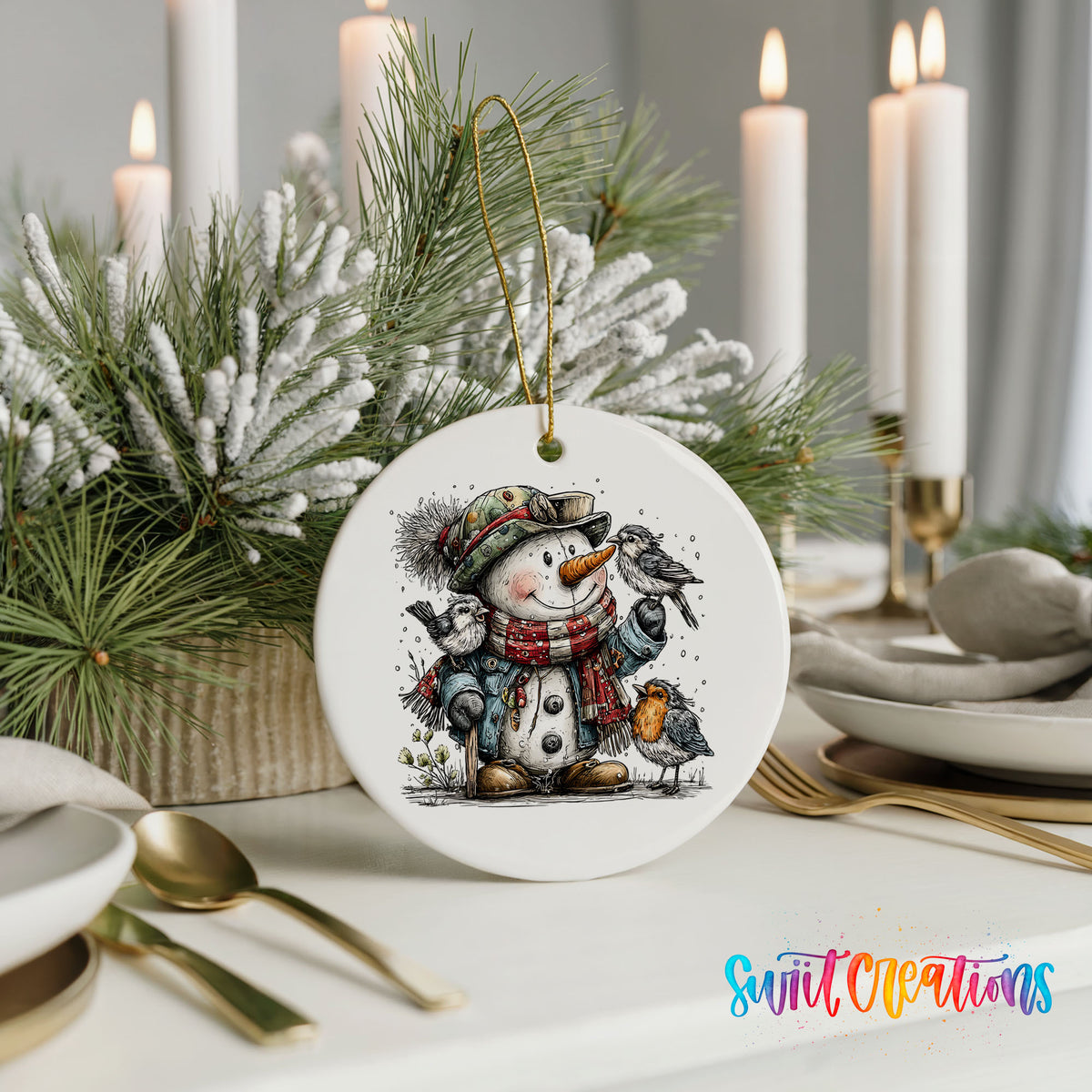 snowman in a green winter hat with woodland birds ceramic Christmas ornament shown in a holiday table setting