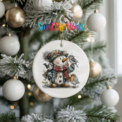 snowman in a green winter hat with woodland birds ceramic Christmas ornament hanging on a frosted tree with ornaments