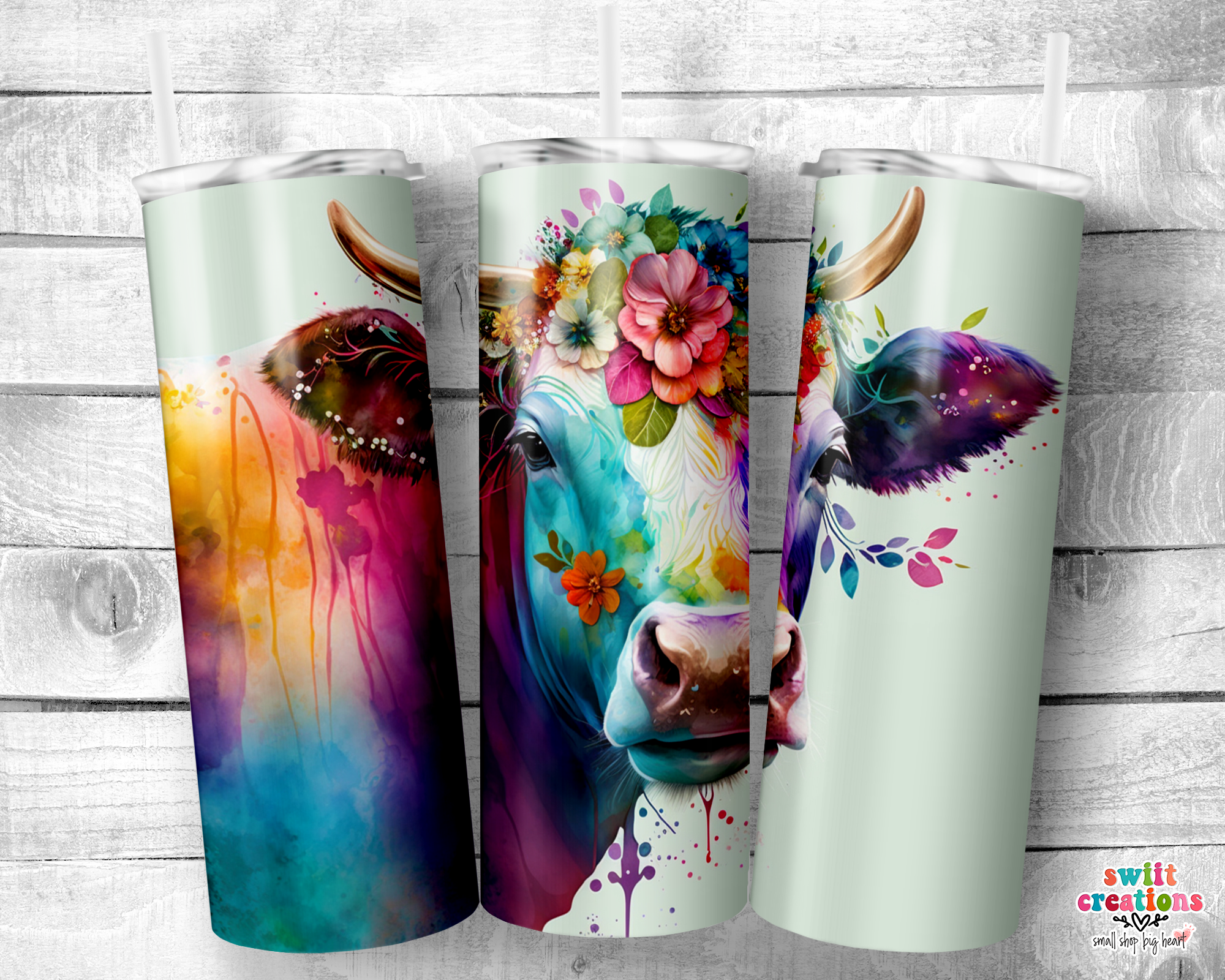 Floral Watercolor Cow Tumbler (T489)