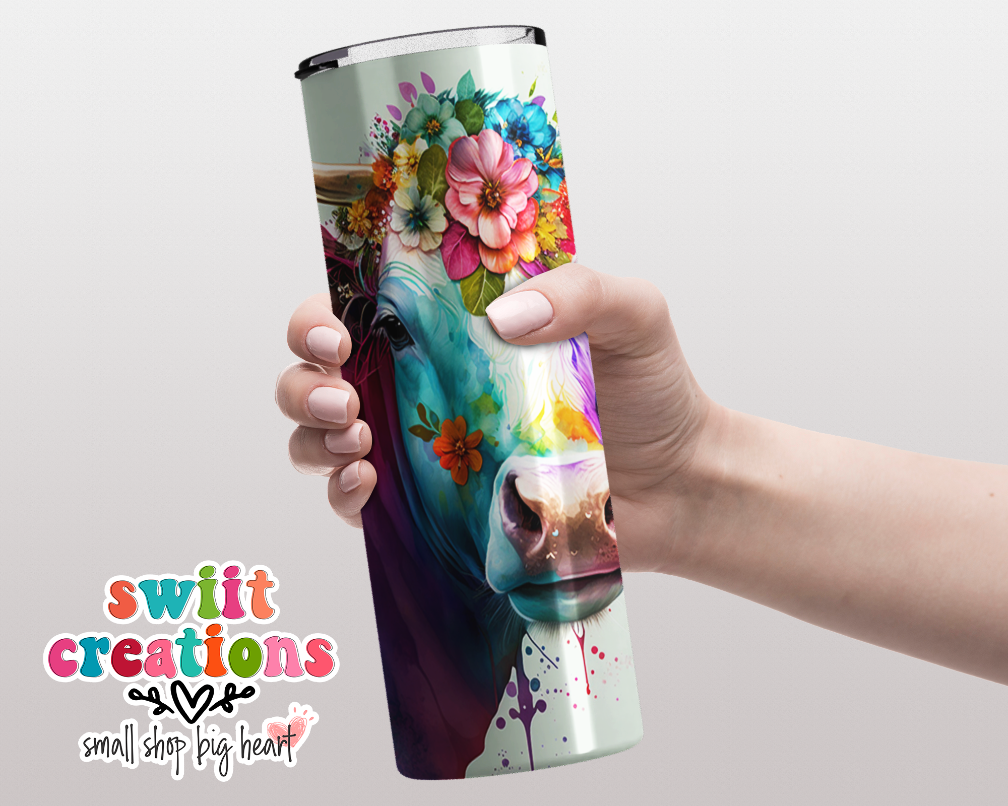 Floral Watercolor Cow Tumbler (T489)