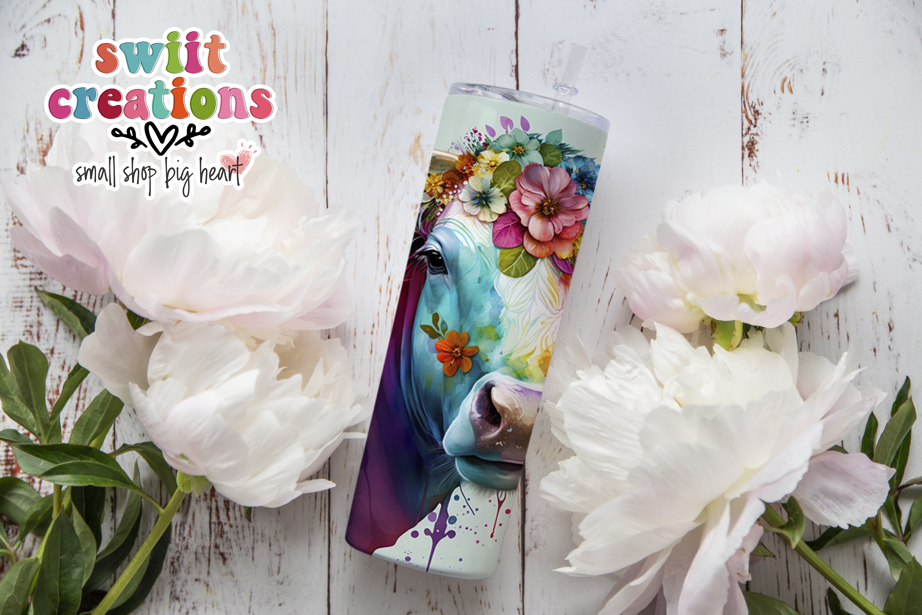 Floral Watercolor Cow Tumbler (T489)