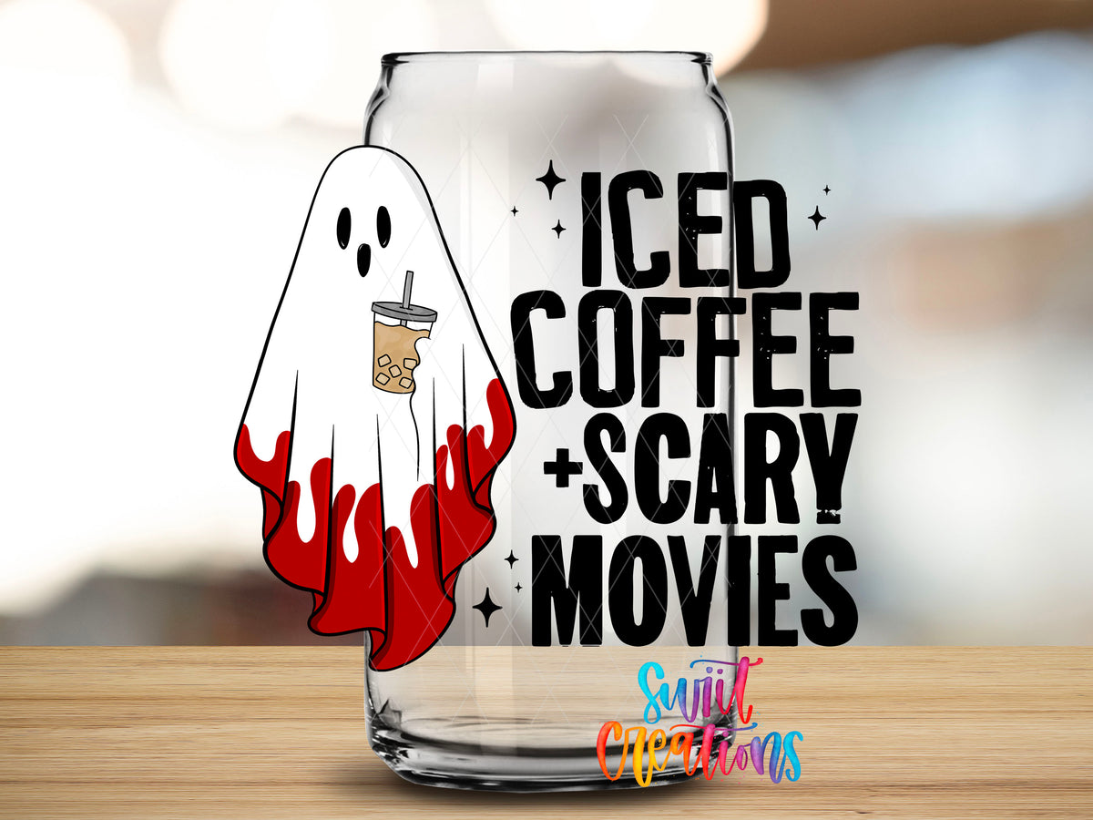Close view of ghost holding iced coffee transfer