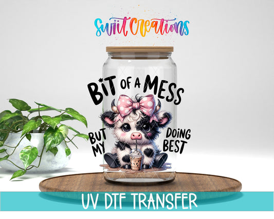 A Bit of A Mess But Doing My Best Cute Cow UV DTF transfer displayed on a clear jar mockup from Swiit Creations
