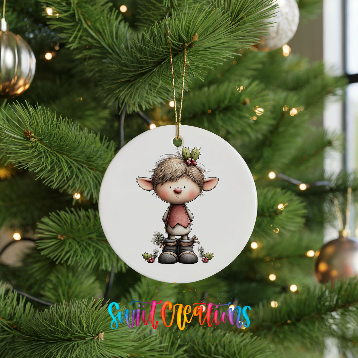 A white ceramic ornament featuring a cartoon elf with a holly leaf on its head, hanging on a Christmas tree.