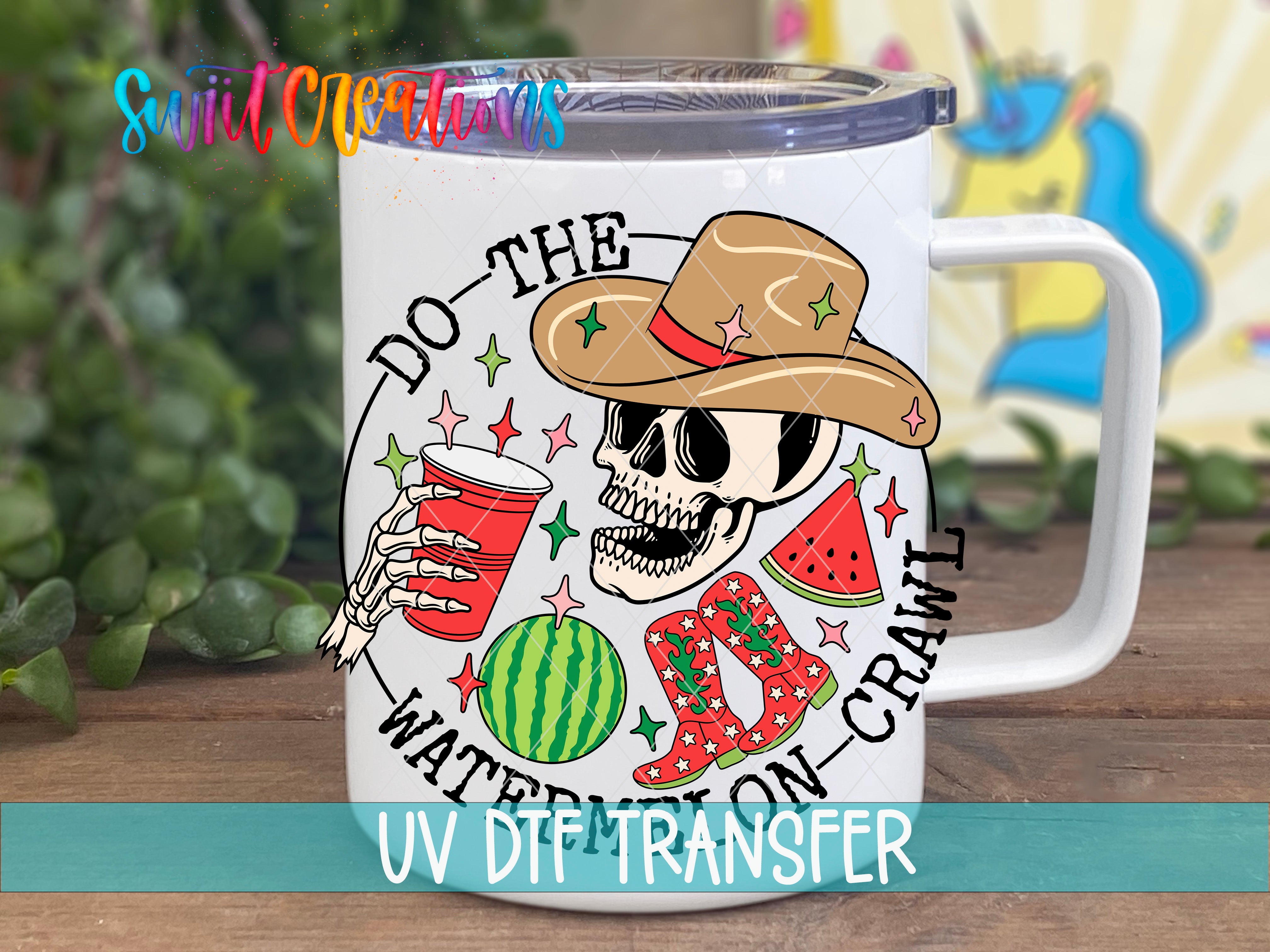 A white mug with a cartoon skull wearing a cowboy hat and holding a red cup, surrounded by various summer-themed elements such as watermelon, a cowboy boot, and a straw.