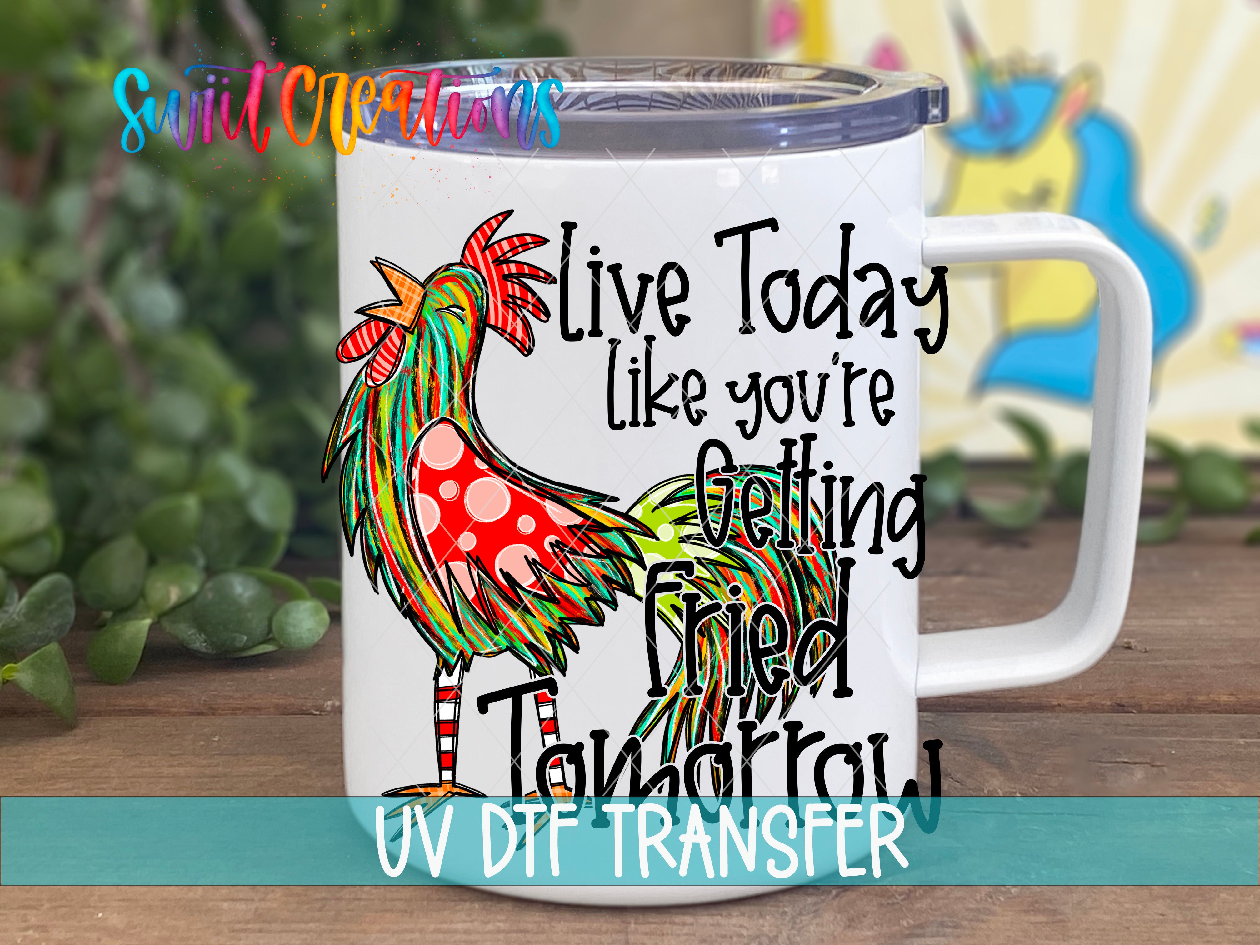A white mug with a colorful rooster design and text printed on it.