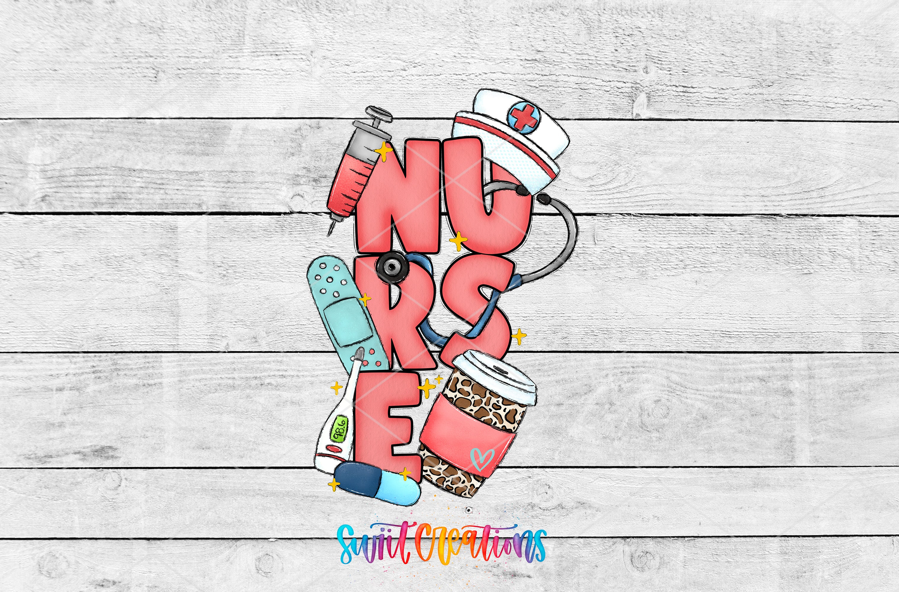 The image is a colorful and stylized representation of the word "NURSE" with various medical and nursing-related icons and objects, such as a stethoscope, syringe, bandage, and coffee cup, arranged in a visually appealing manner.
