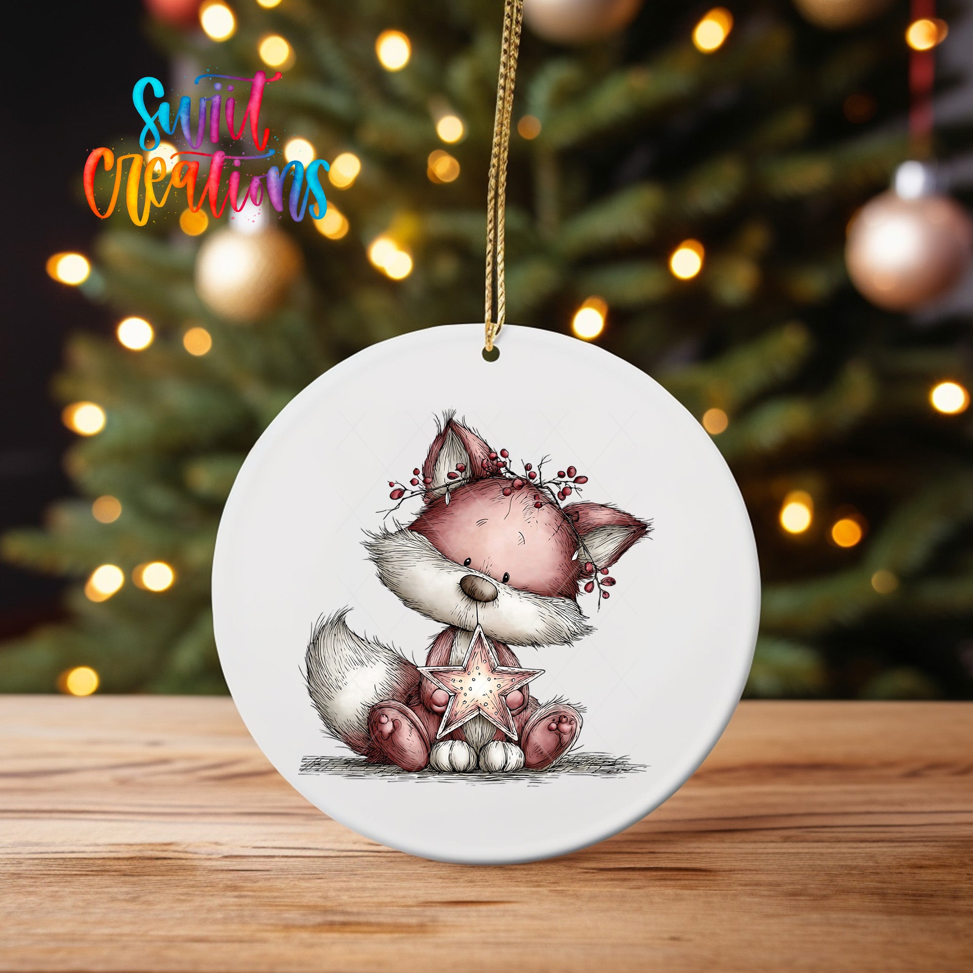 A white ceramic ornament featuring a cartoon illustration of a fox holding a star, hanging on a string.