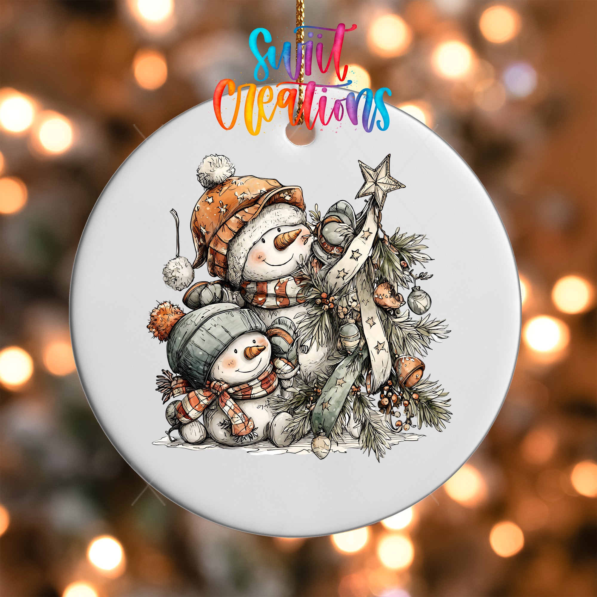 A white ornament with a snowman and a star on a Christmas tree, surrounded by pine branches and other holiday decorations.