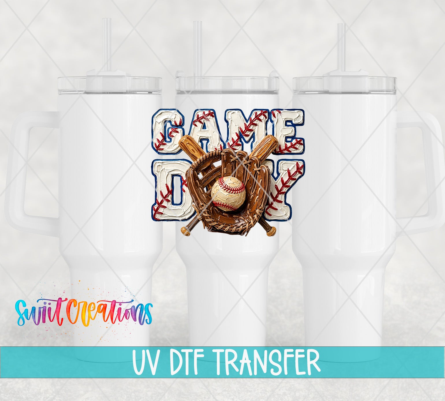 a white mug with a baseball-themed design, including a baseball glove, bat, and ball, along with the text "GAME DAY" and "UV DFT TRANSFER".