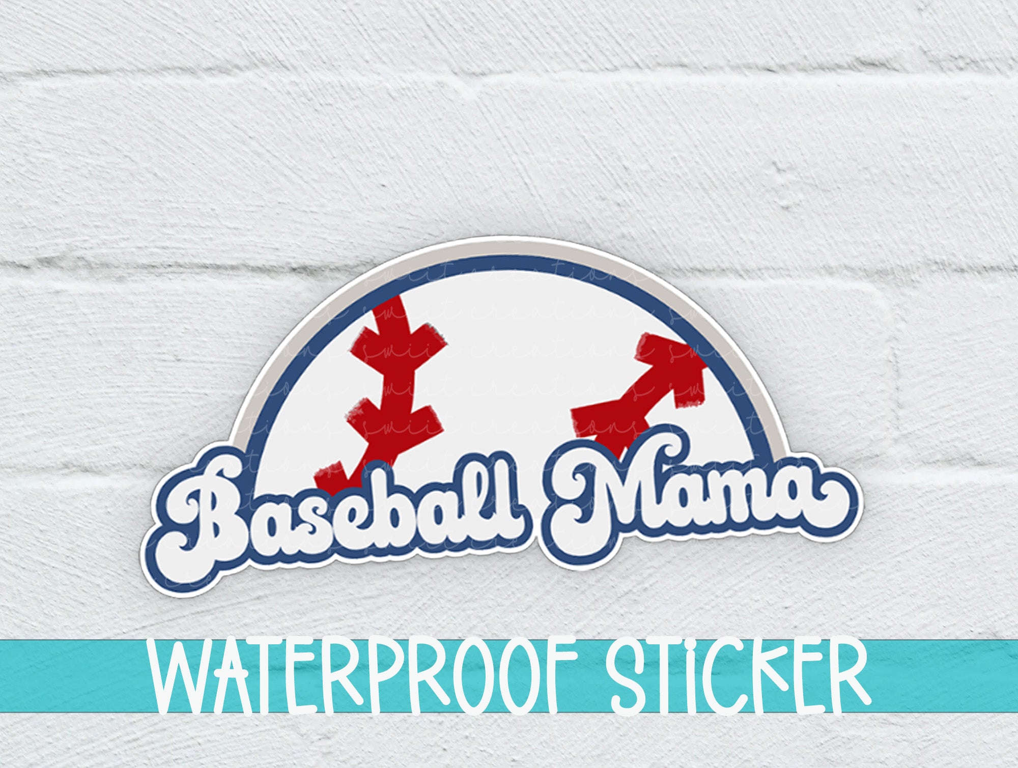 a white brick wall with a blue and white sign that says waterproof sticker