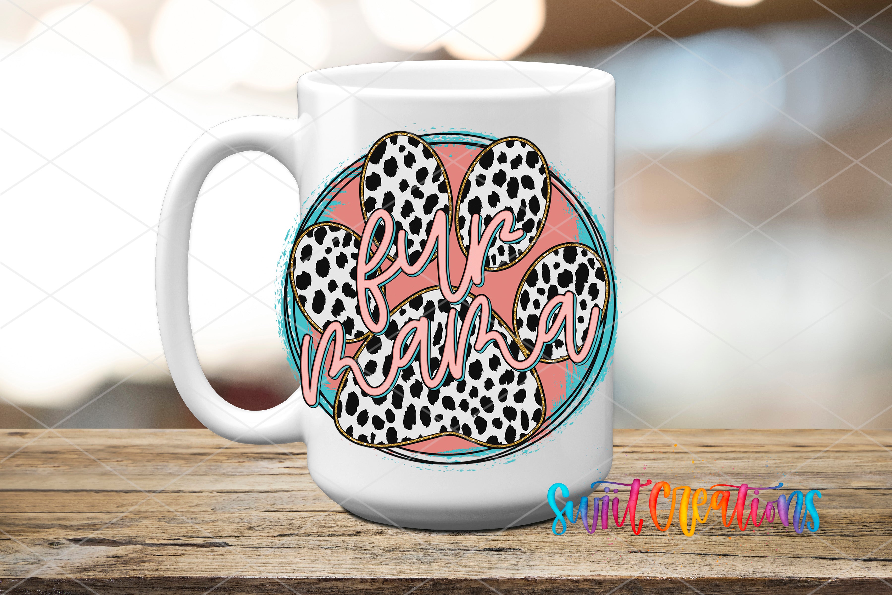 A white ceramic mug with a graphic design featuring a black and white spotted paw print and the text "Furry Mama" written in pink cursive font.
