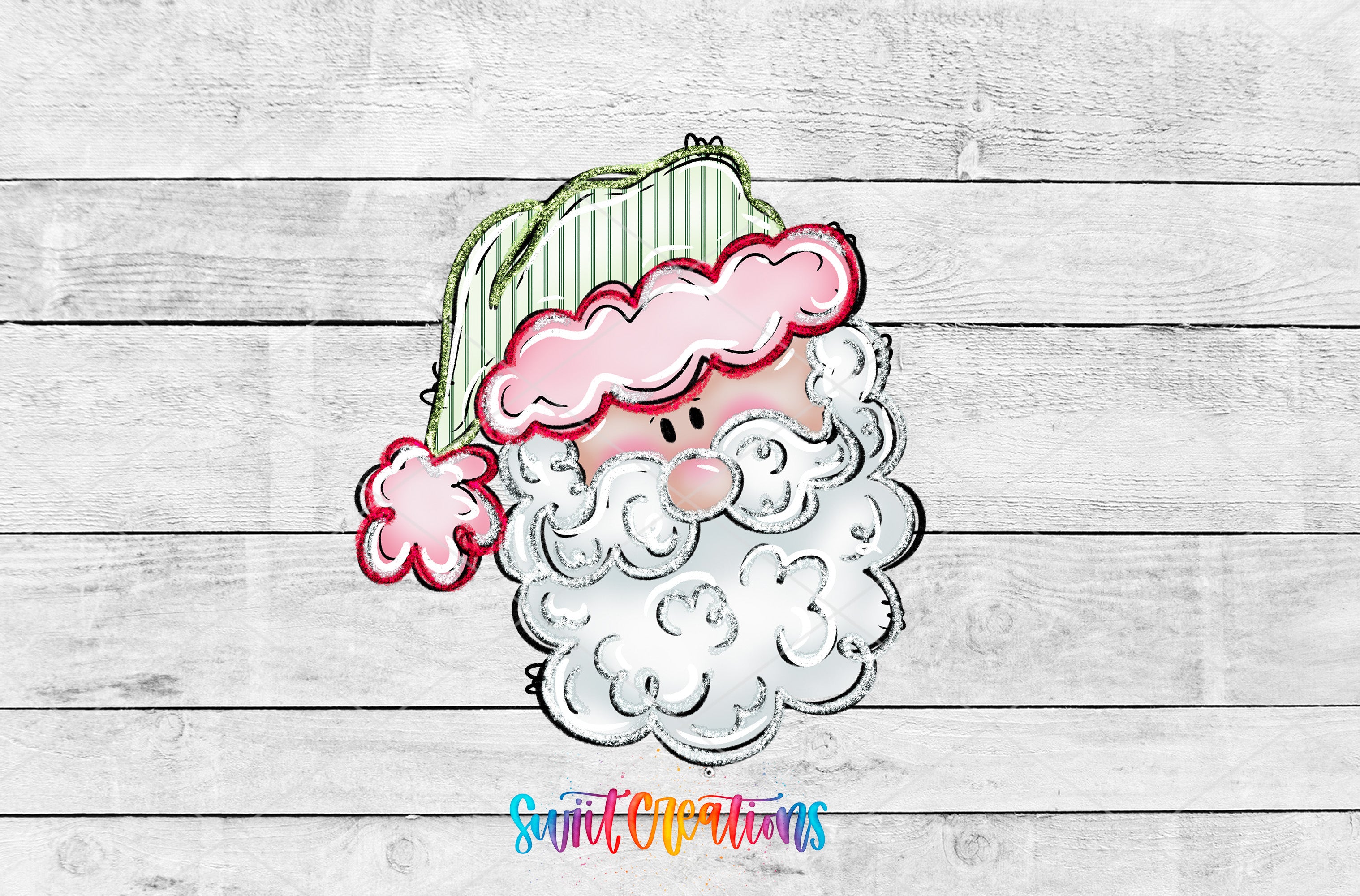 A cartoon-style illustration of Santa Claus wearing a green and white striped hat with a pink pom pom, set against a white wooden background.