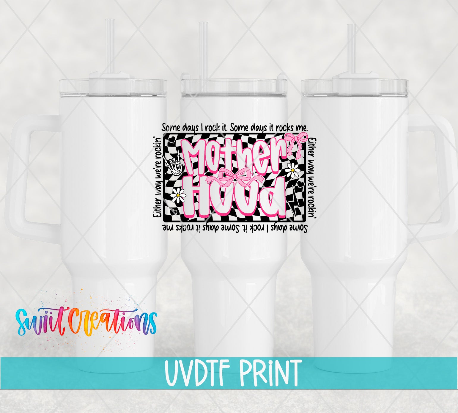 a white mug with a printed design on it, along with three other white mugs. The design includes text and a checkered pattern.