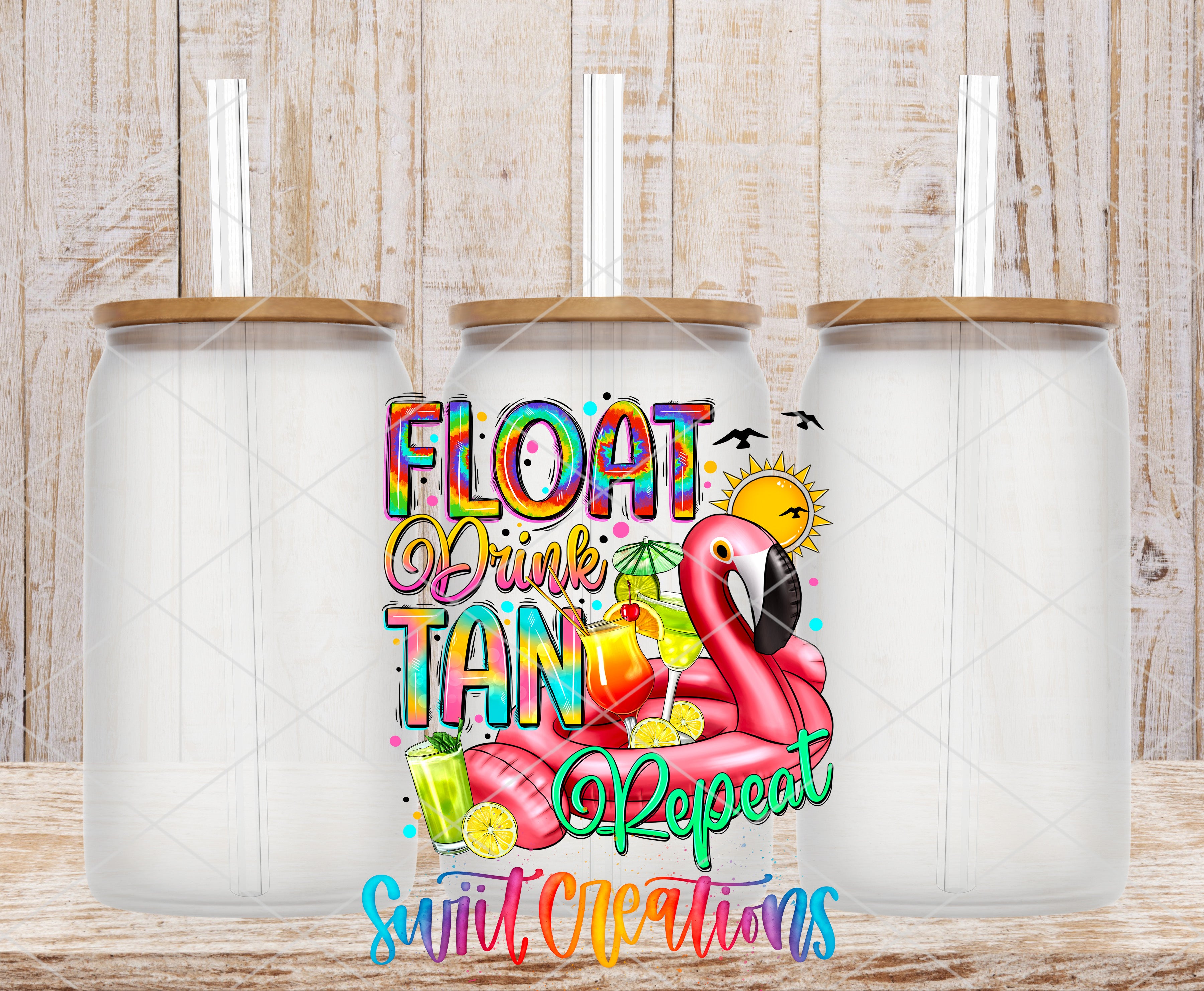 three clear glass jars with straws, each containing a colorful design with a flamingo and various summer-themed objects.
