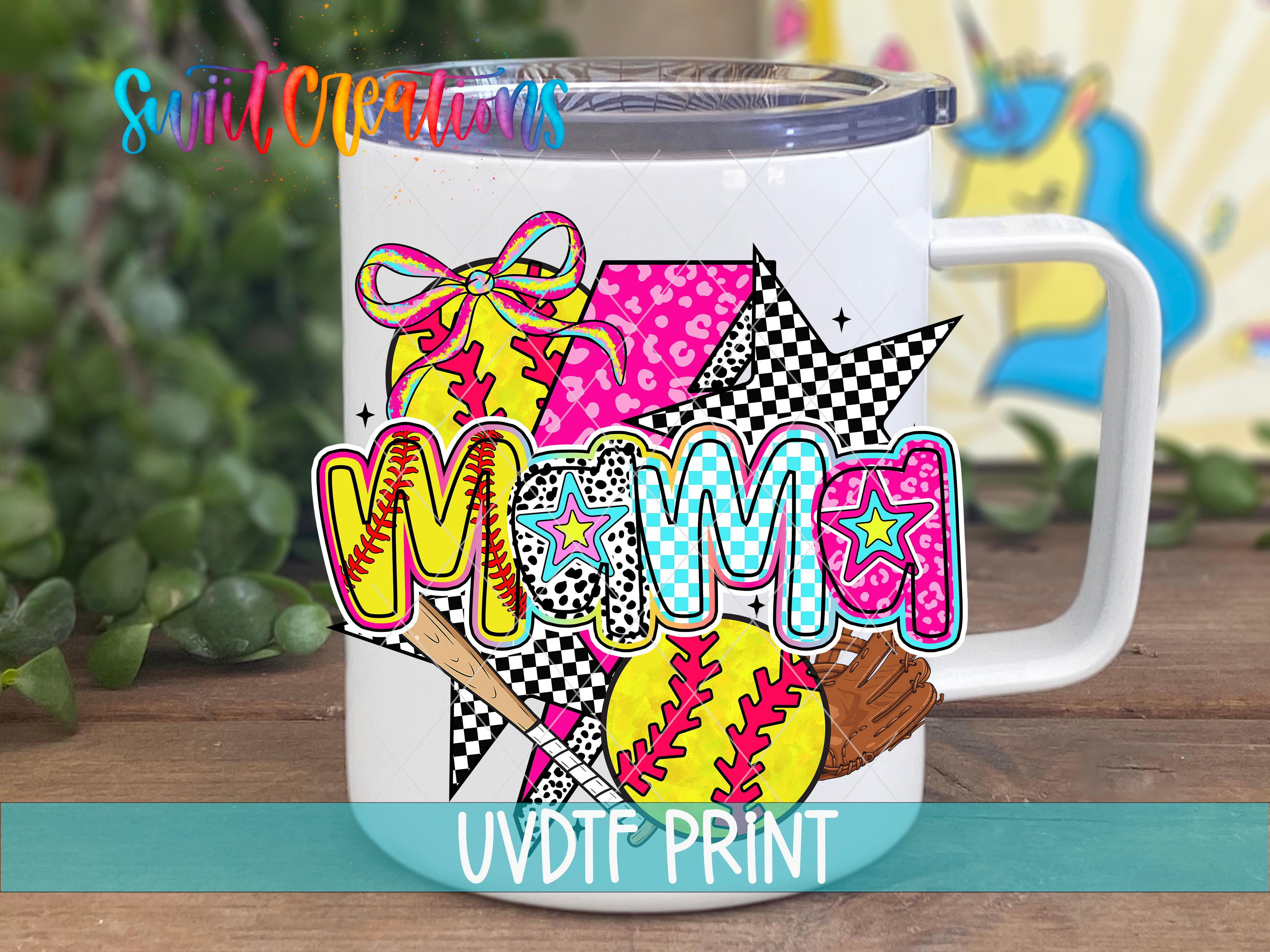 A white mug with a colorful, cartoon-style design featuring a baseball, a star, and various sports-related elements.