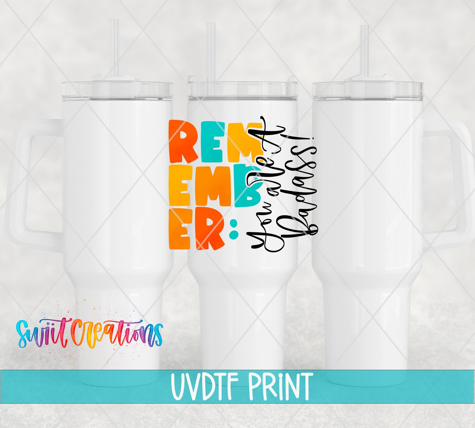 three white tumblers with colorful text and straws.