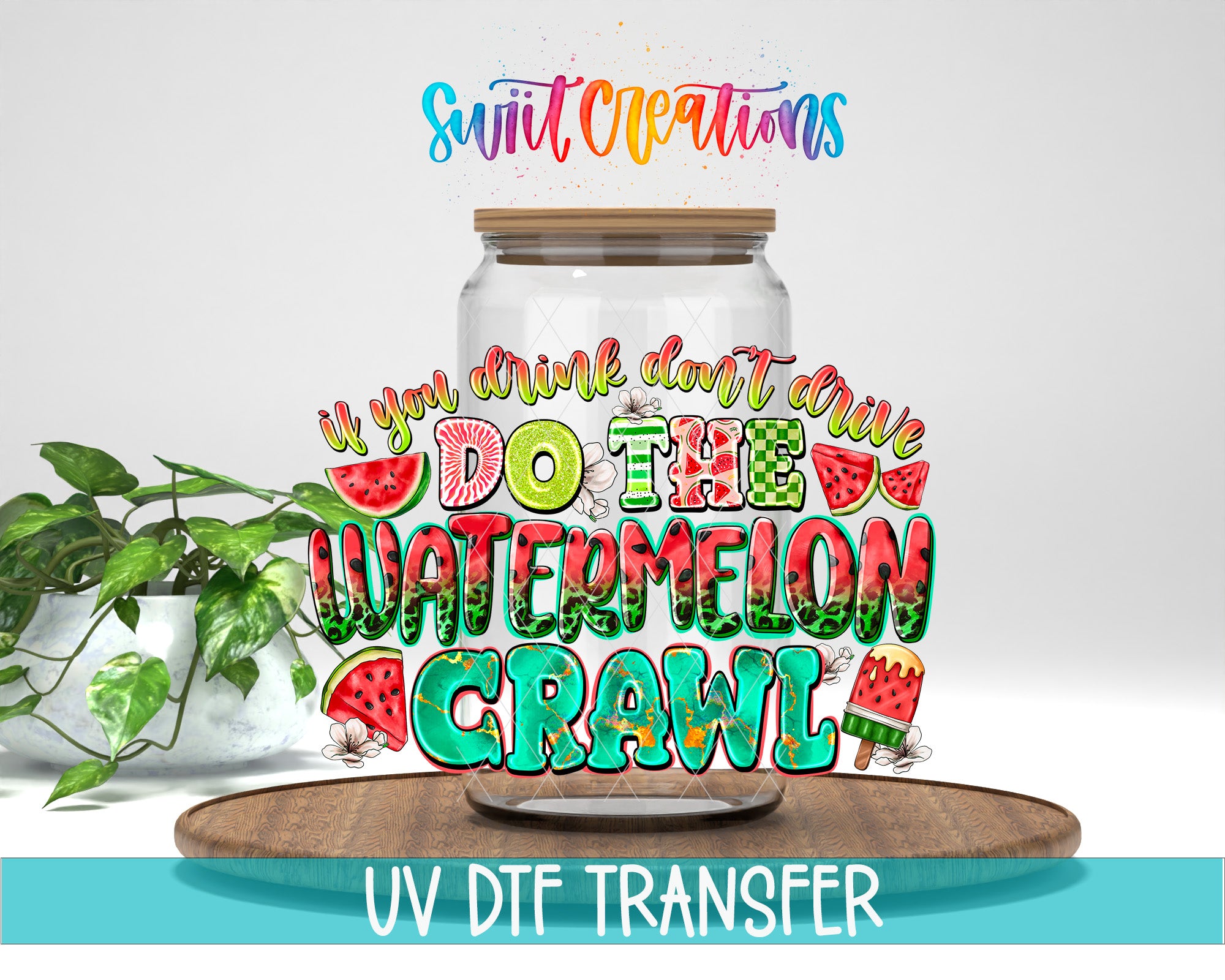 a large glass jar with a lid, surrounded by colorful text and illustrations related to the theme of "Do the Watermelon Crawl".