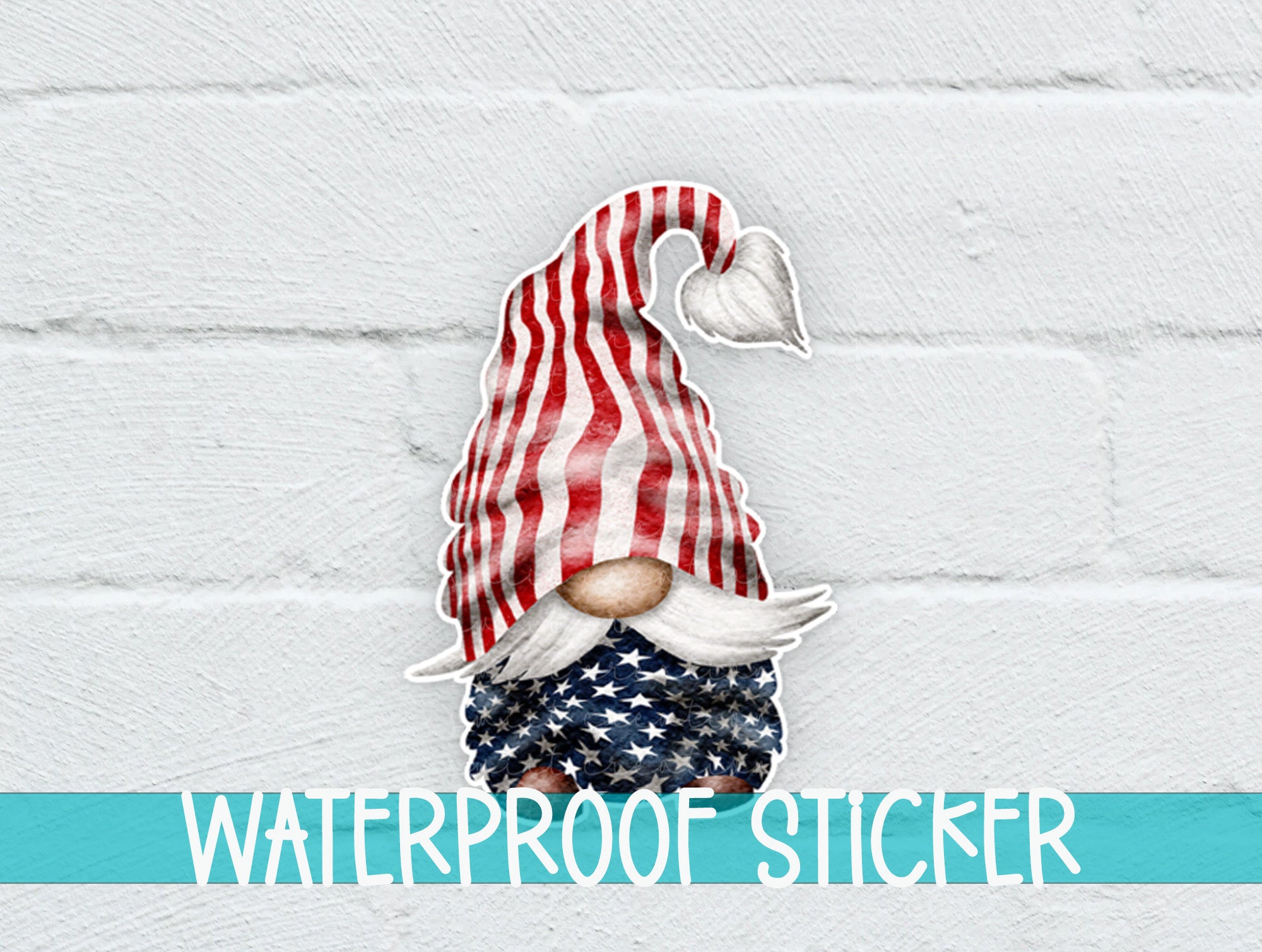 a waterproof sticker of a gnome with an american flag hat