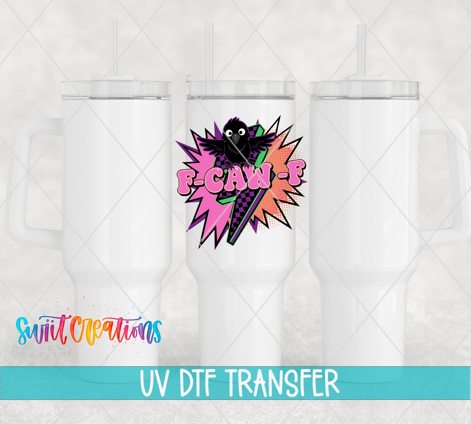 three white tumblers with a colorful graphic design on the center of each one.