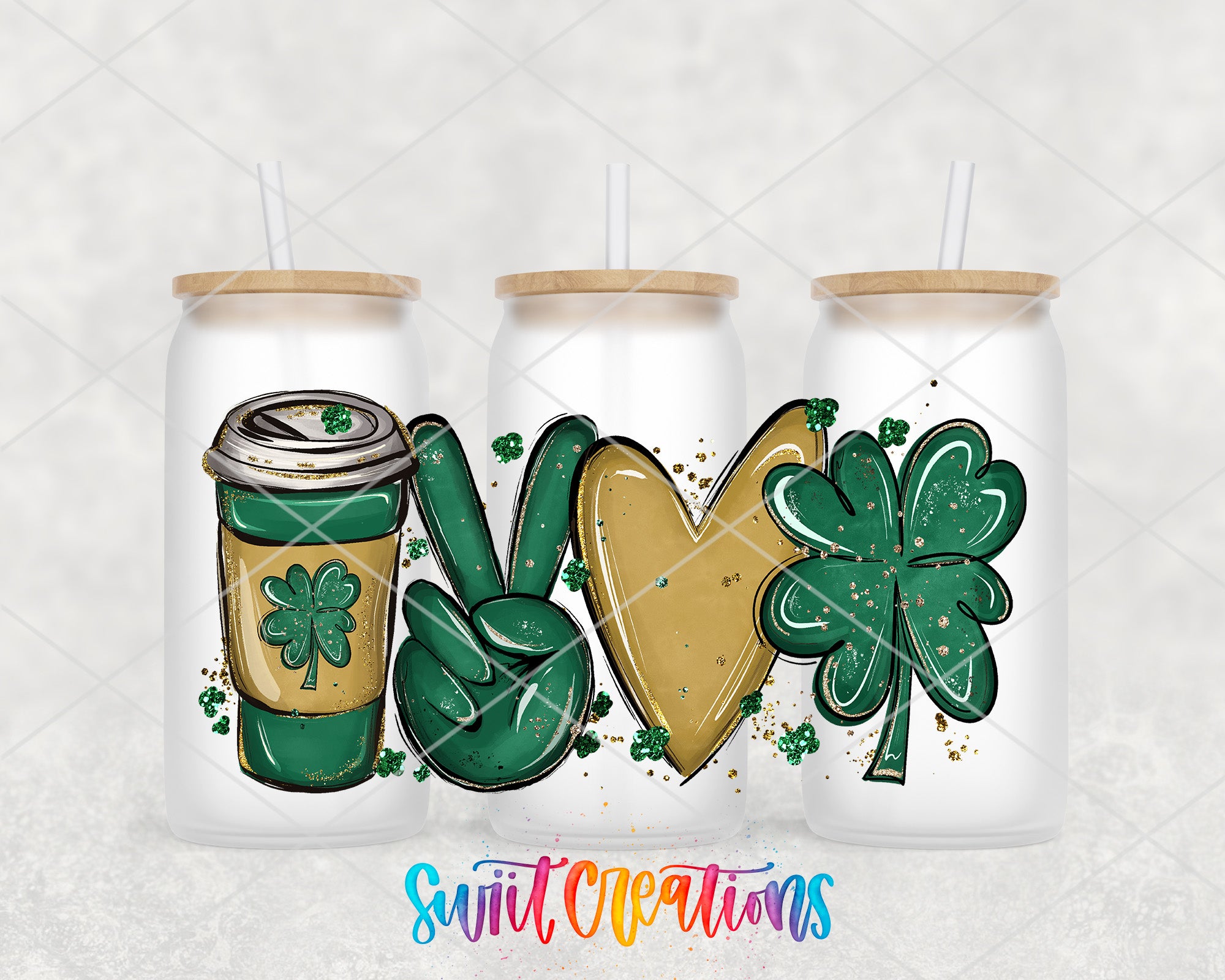 three white cans with various designs and symbols on them, including a coffee cup, a peace sign, and a cloverleaf.