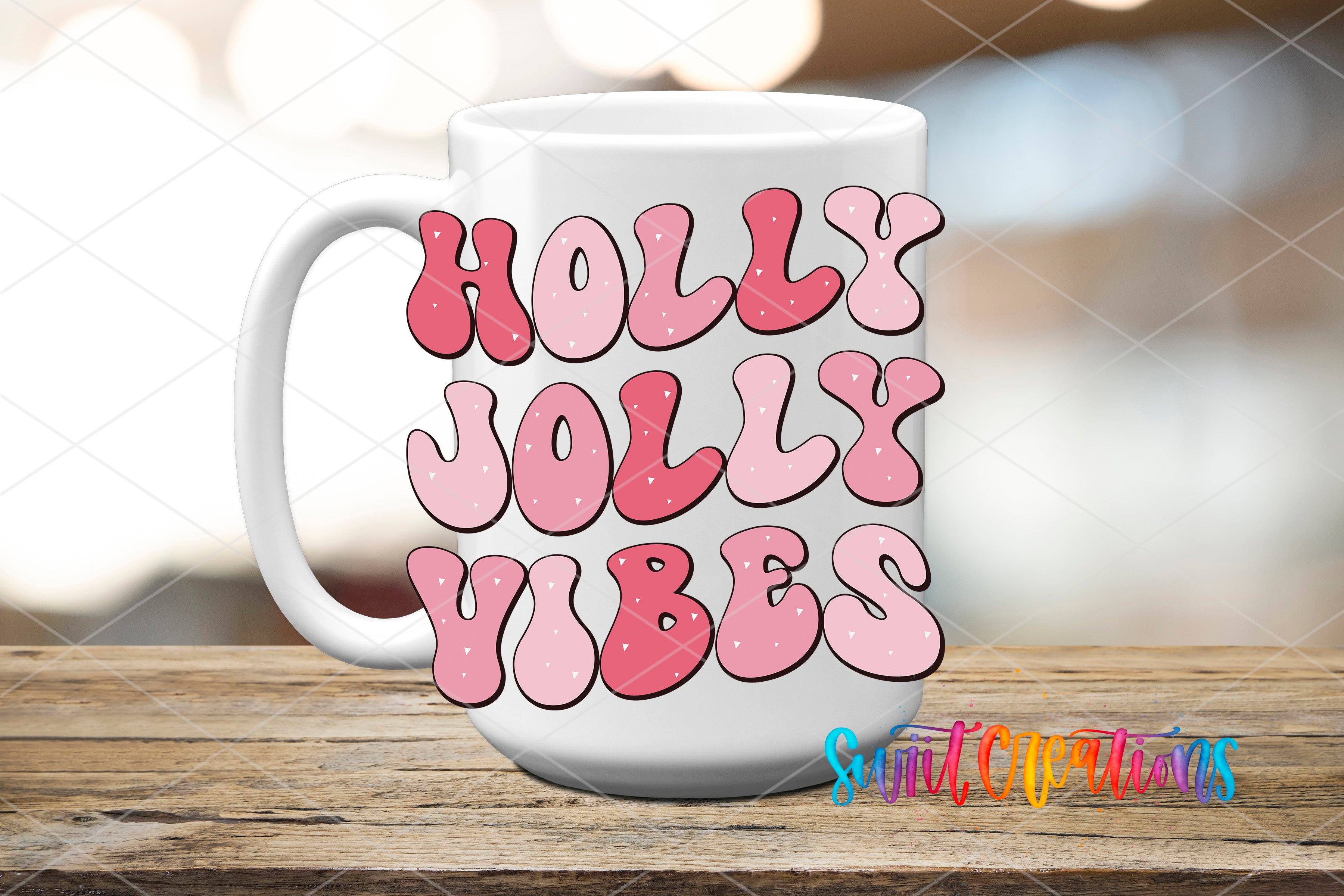 A white mug with the text "HOLY JOYL YIBES" printed on it, sitting on a wooden surface.