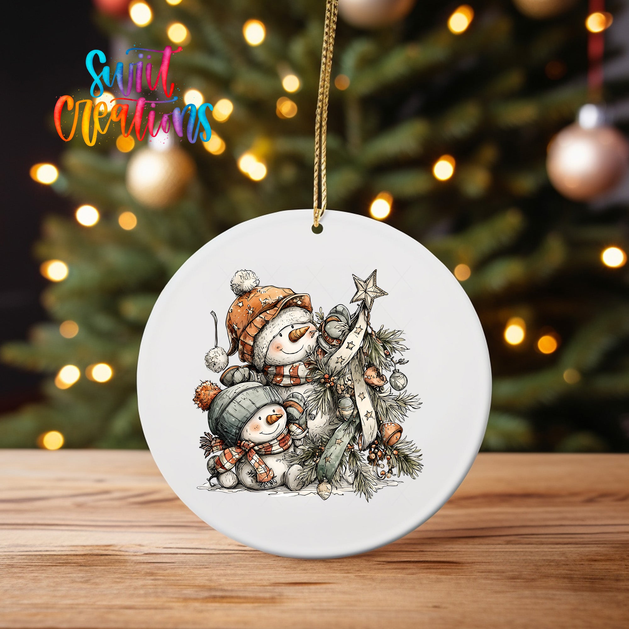 A white ceramic ornament featuring a snowman and a star, hanging on a string against a blurred background of Christmas lights.