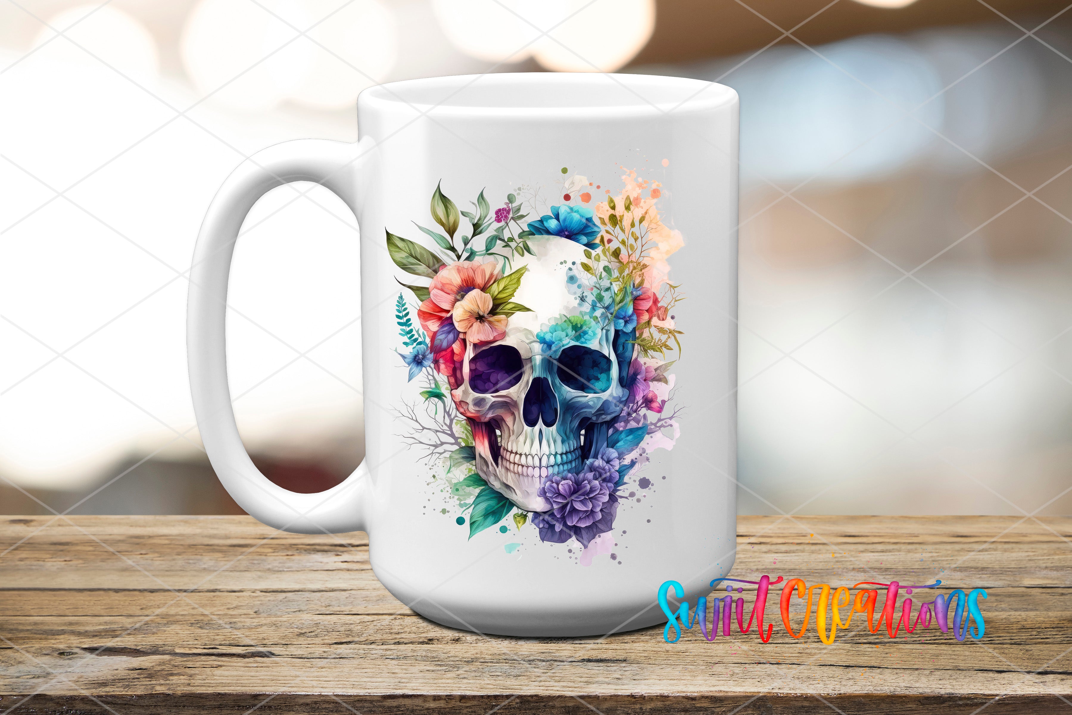 A white ceramic mug with a colorful floral design featuring a skull surrounded by flowers and leaves.