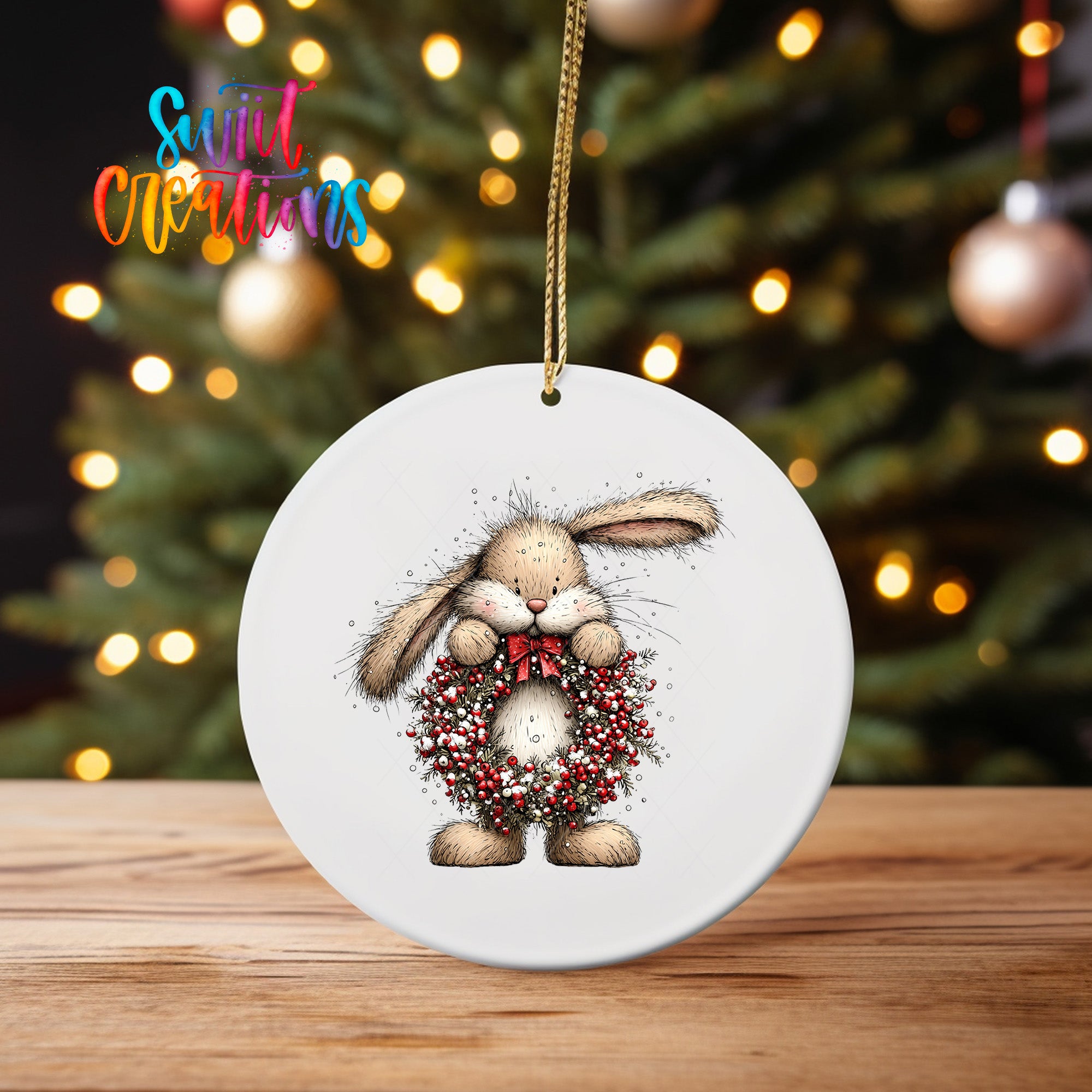 A white ceramic ornament featuring a cartoon rabbit holding a wreath, with a blurred background of a Christmas tree and colorful lights.