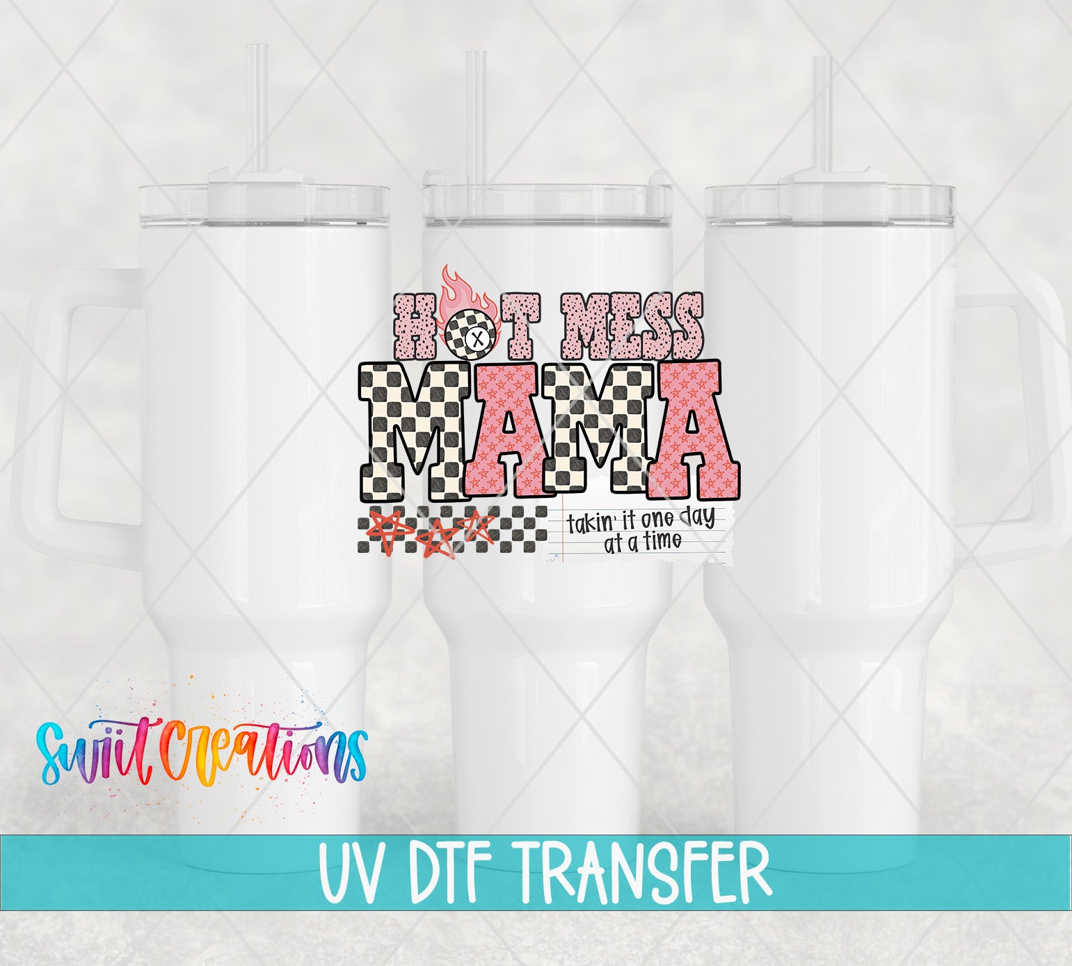 a white mug with a printed design on it, including the text "HOT MESS MAMA" and the phrase "taking it one day at a time".
