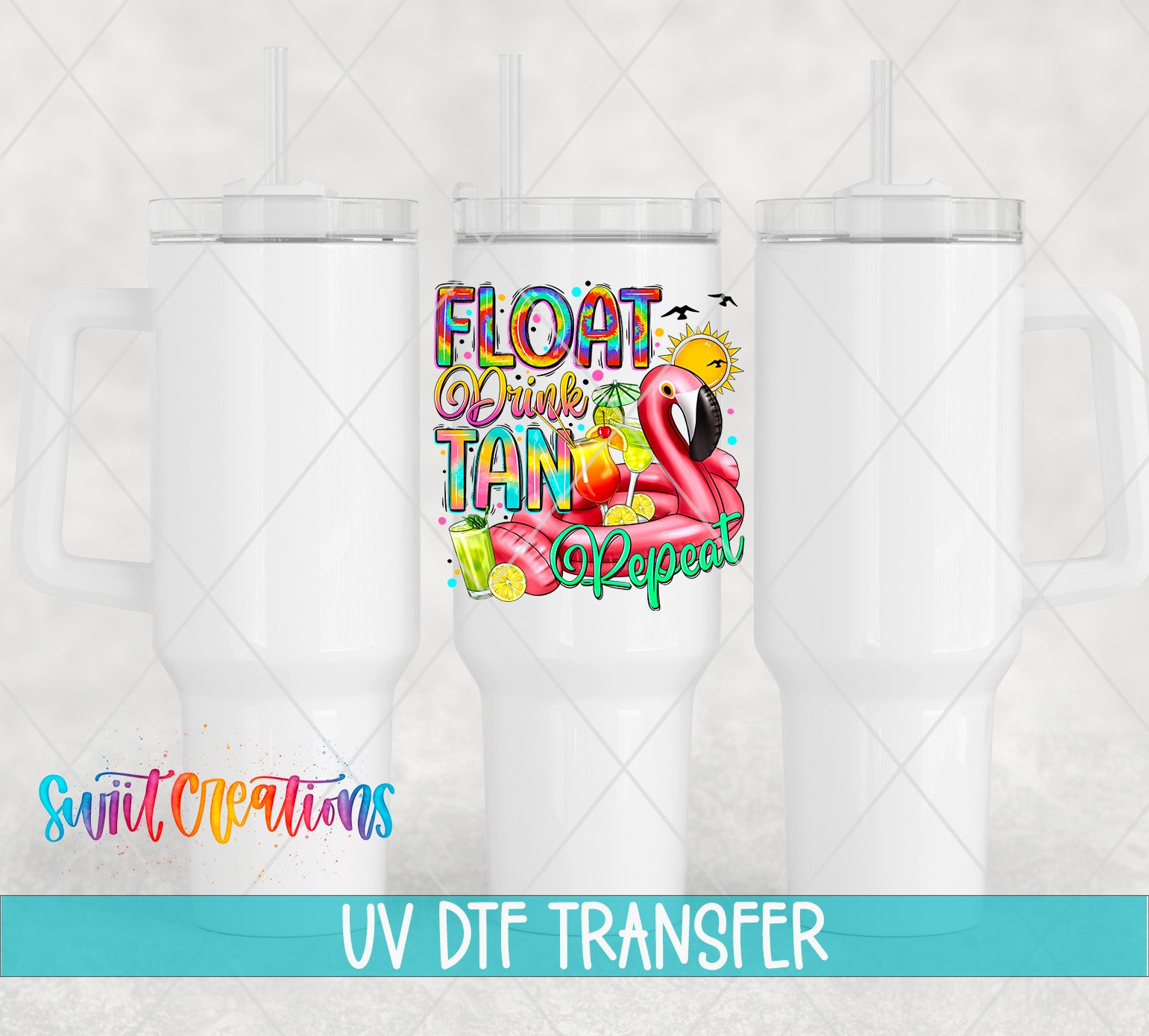 three white tumblers with a colorful design on the front, including a flamingo and various tropical fruits.