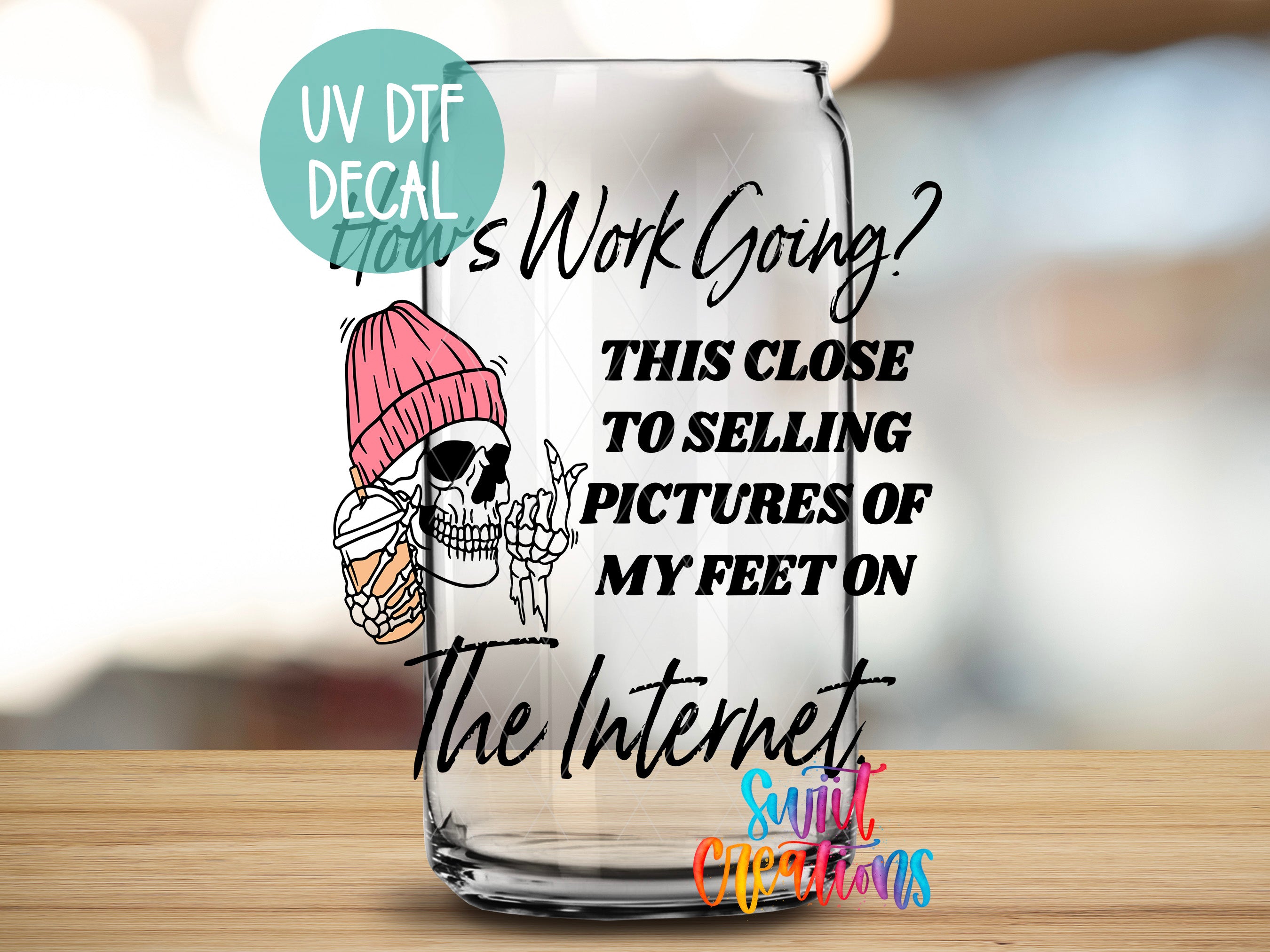 The image is a digital illustration featuring a skeleton wearing a pink beanie and holding a coffee cup, with text overlaying the image.