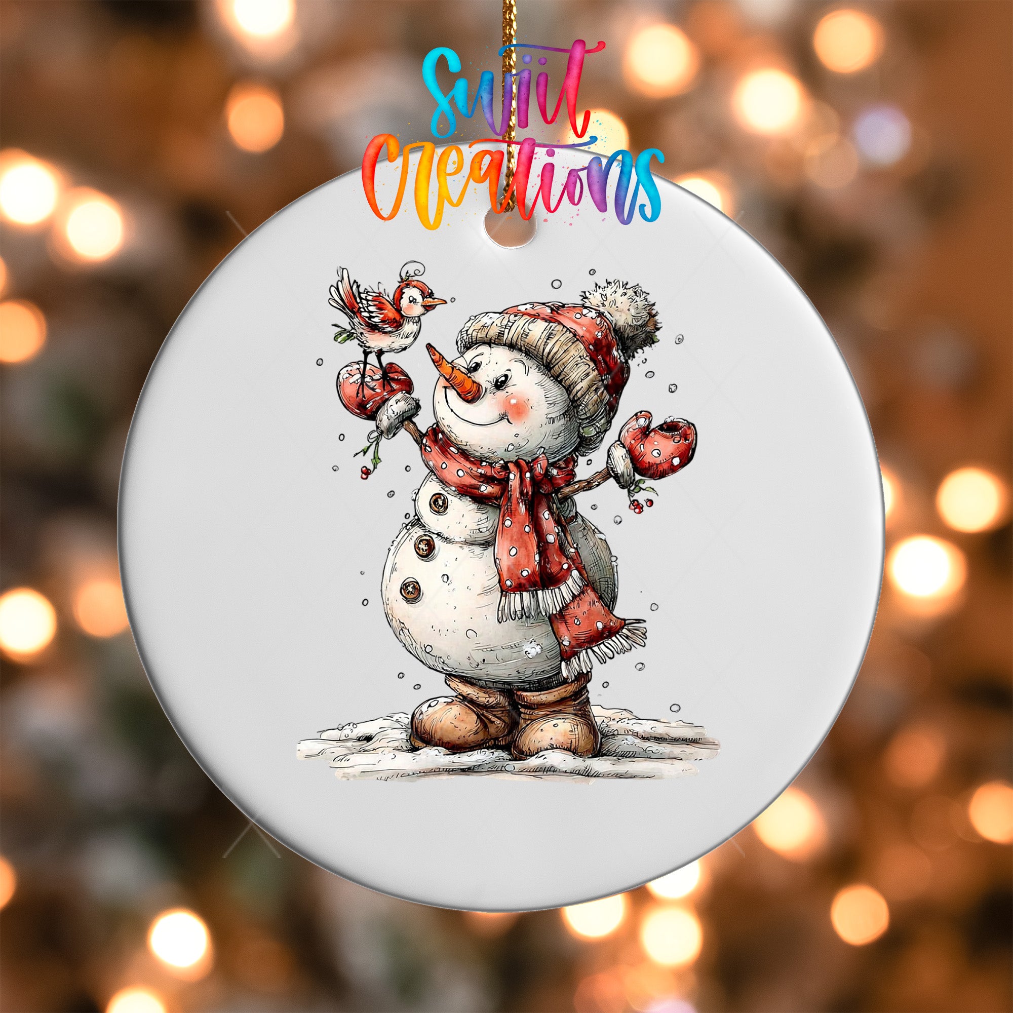 A snowman ornament with a bird perched on its head, wearing a red scarf and hat, and standing on a snowy surface.