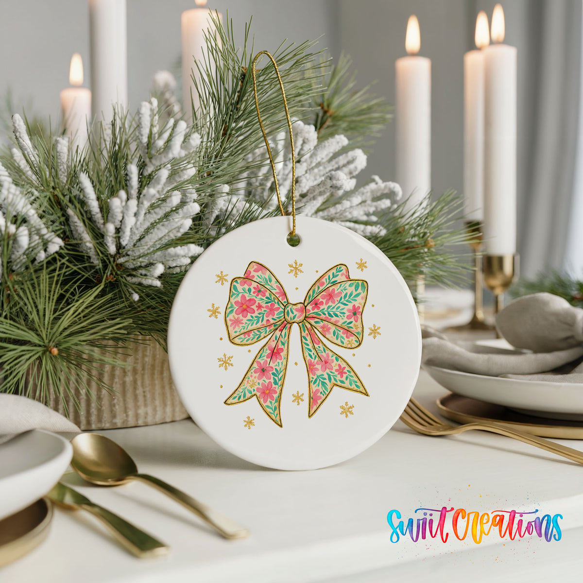 A white ceramic ornament with a floral bow design is displayed on a table, surrounded by candles and greenery.