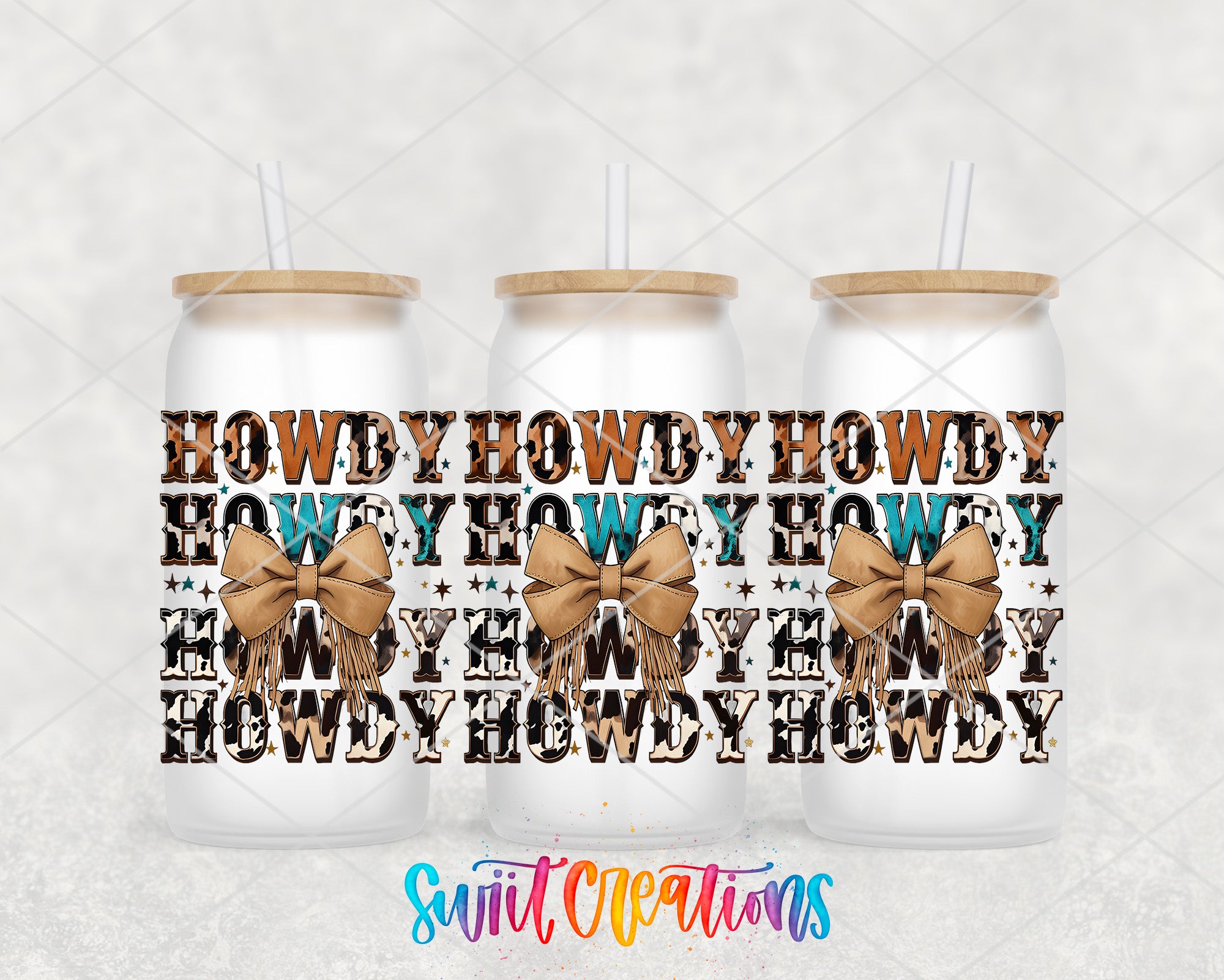 three white tumblers with wooden lids, each adorned with a bow and the text "HOWDY HOWDY HOWDY HOWDY" written on them.