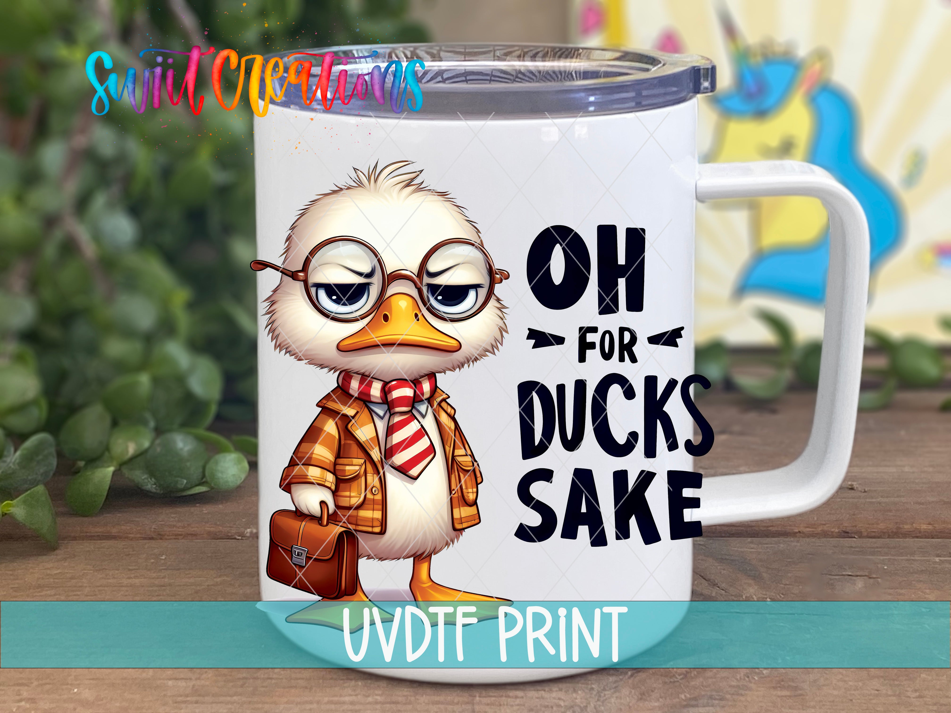 A mug with a cartoon duck wearing glasses and a striped scarf, along with the text "OH FOR DUCKS SAKE" printed on it.