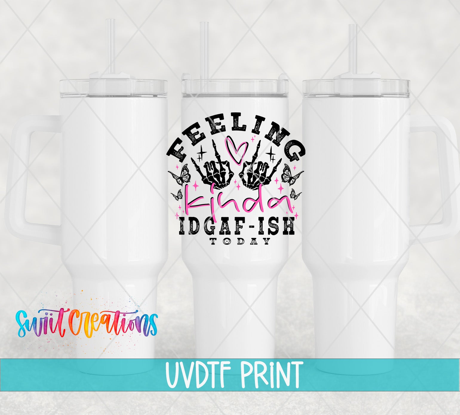 three white tumblers with a graphic design on them, including text and a hand gesture.