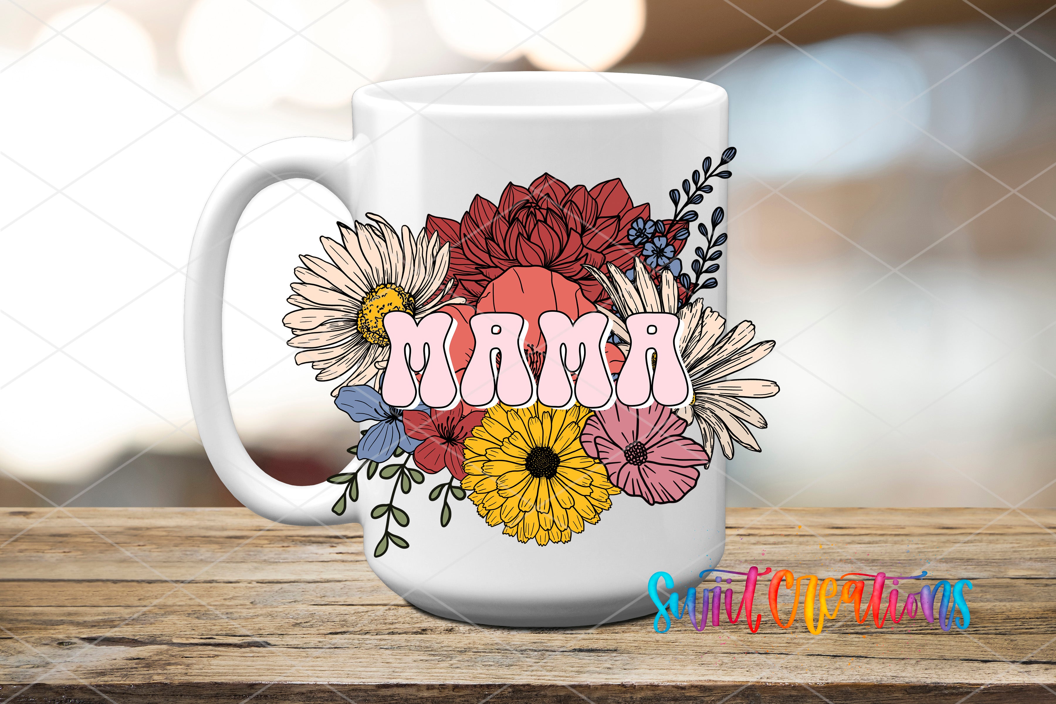 A white ceramic mug with a floral design featuring the word "Mama" surrounded by various colorful flowers and leaves.