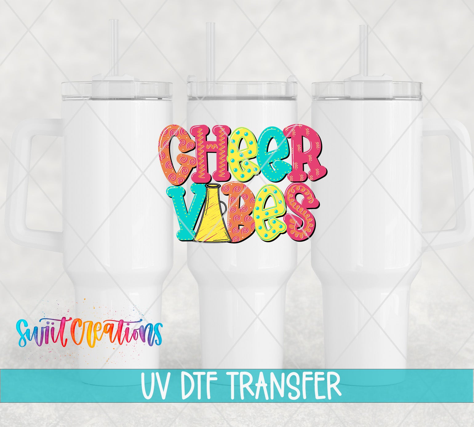 three white tumblers with a colorful text design on them, which says "CHEER VIBES". The text design is a creative and vibrant representation of the word "CHEER VIBES". The image also includes text that says "Swit Creations UV Dtf Transfer", indicating that this is a product or service related to the transfer of the text design onto the tumblers.
