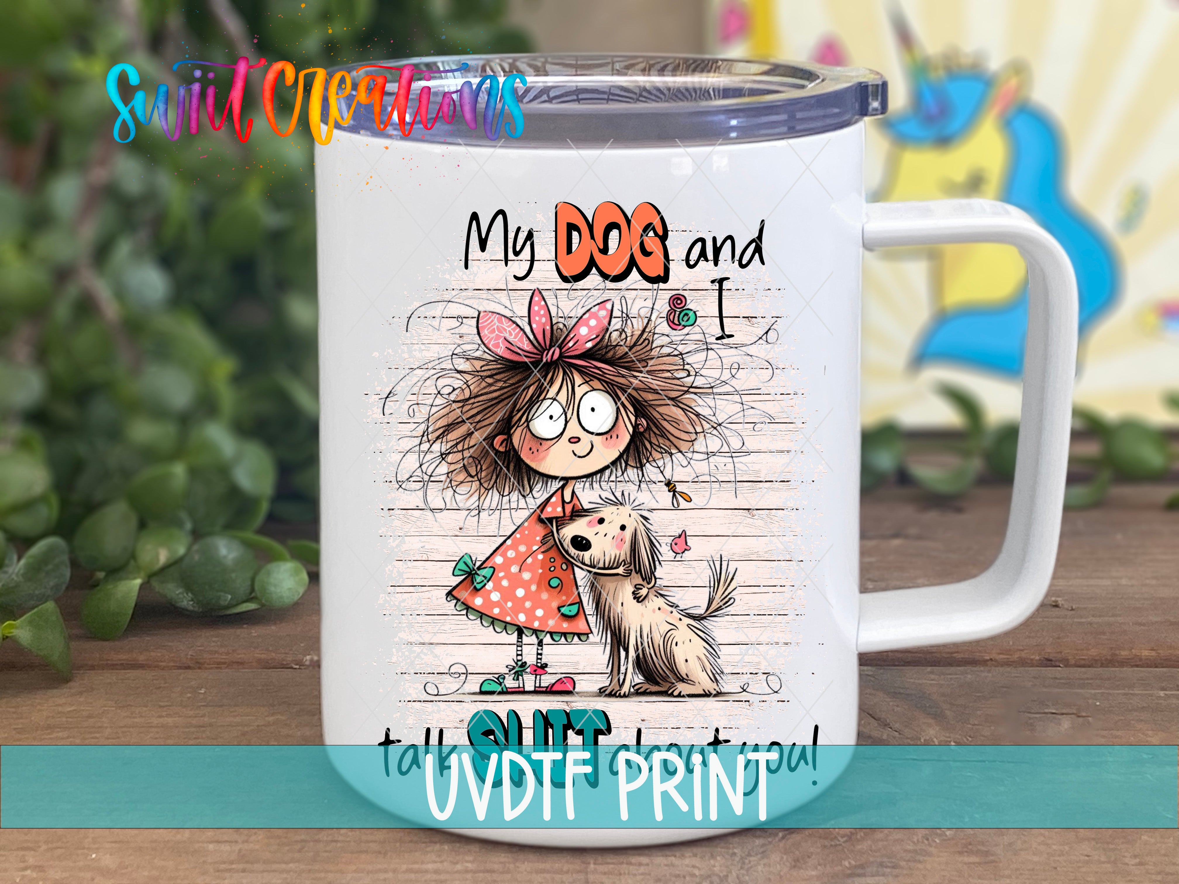 A white mug with a cartoon illustration of a girl and a dog on it, along with the text "My dog and I" and "I love my dog".